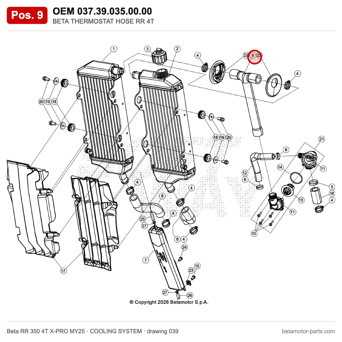 BETA THERMOSTAT HOSE RR 4T – OEM 037.39.035.00.00, position 9 on the Beta RR 350 4T X-PRO MY25 cooling system drawing