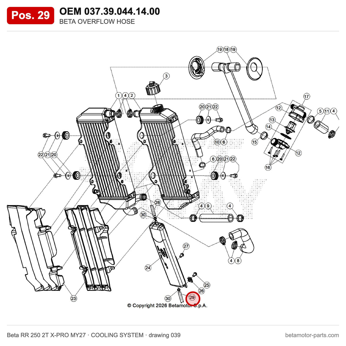 BETA OVERFLOW HOSE – OEM 037.39.044.14.00, position 29 on the Beta RR 250 2T X-PRO MY27 cooling system drawing