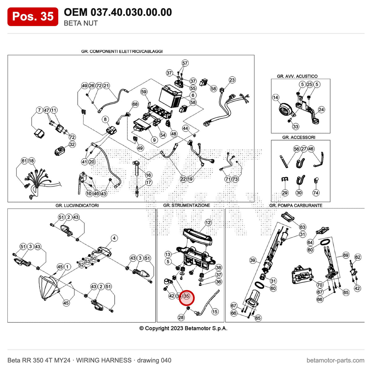 BETA NUT – OEM 037.40.030.00.00, position 35 on the Beta RR 350 4T MY24 wiring harness drawing