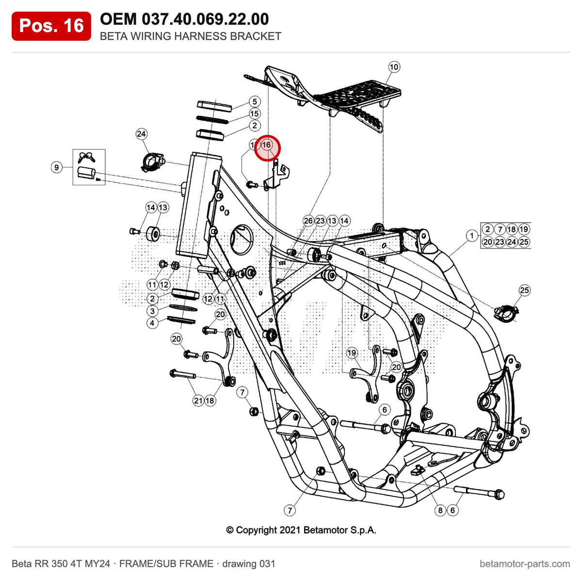 BETA WIRING HARNESS BRACKET – OEM 037.40.069.22.00, position 16 on the Beta RR 350 4T MY24 frame/sub frame drawing