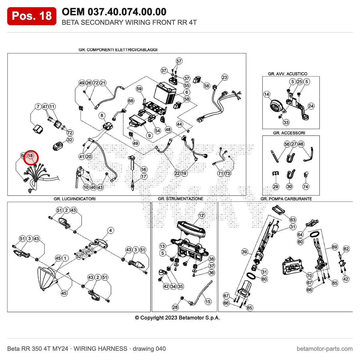 BETA SECONDARY WIRING FRONT RR 4T – OEM 037.40.074.00.00, position 18 on the Beta RR 350 4T MY24 wiring harness drawing
