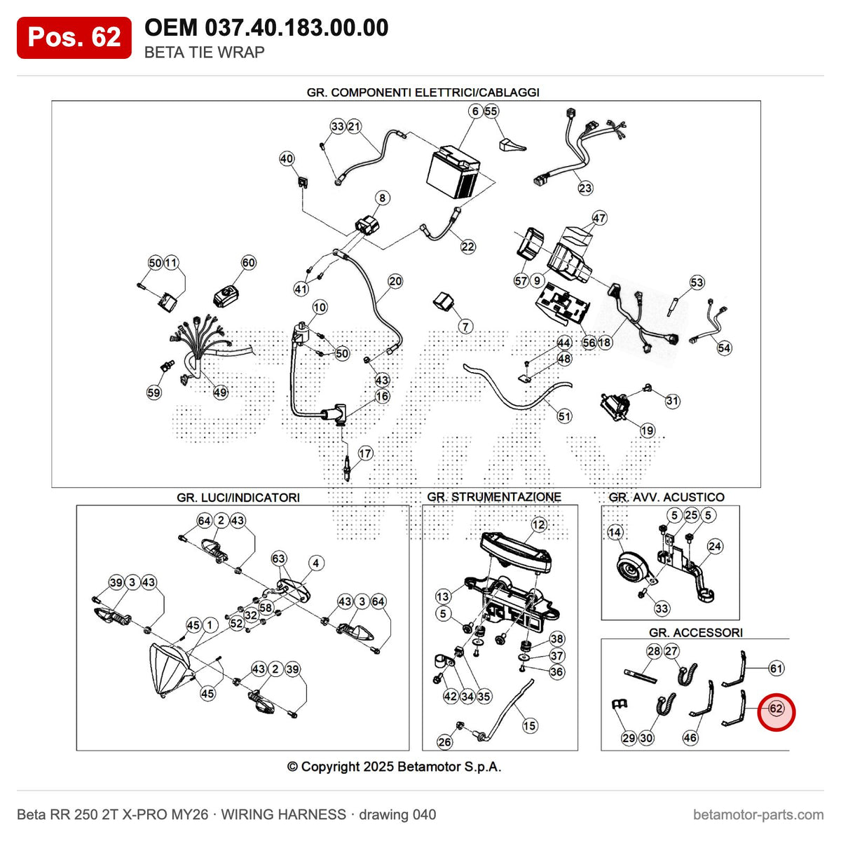 BETA TIE WRAP – OEM 037.40.183.00.00, position 62 on the Beta RR 250 2T X-PRO MY26 wiring harness drawing
