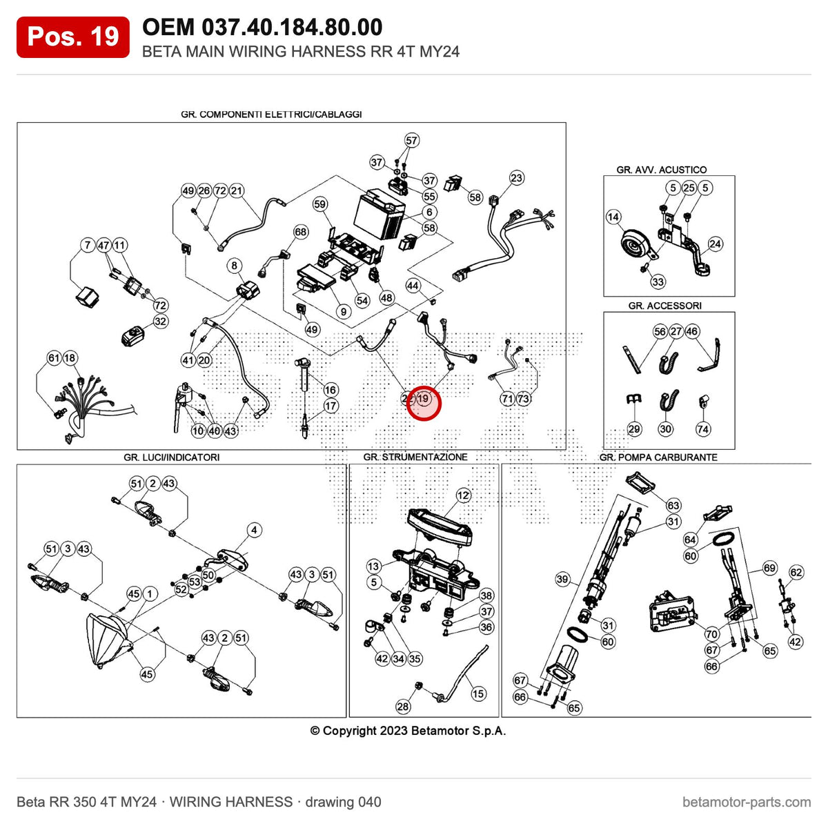 BETA MAIN WIRING HARNESS RR 4T MY24 – OEM 037.40.184.80.00, position 19 on the Beta RR 350 4T MY24 wiring harness drawing