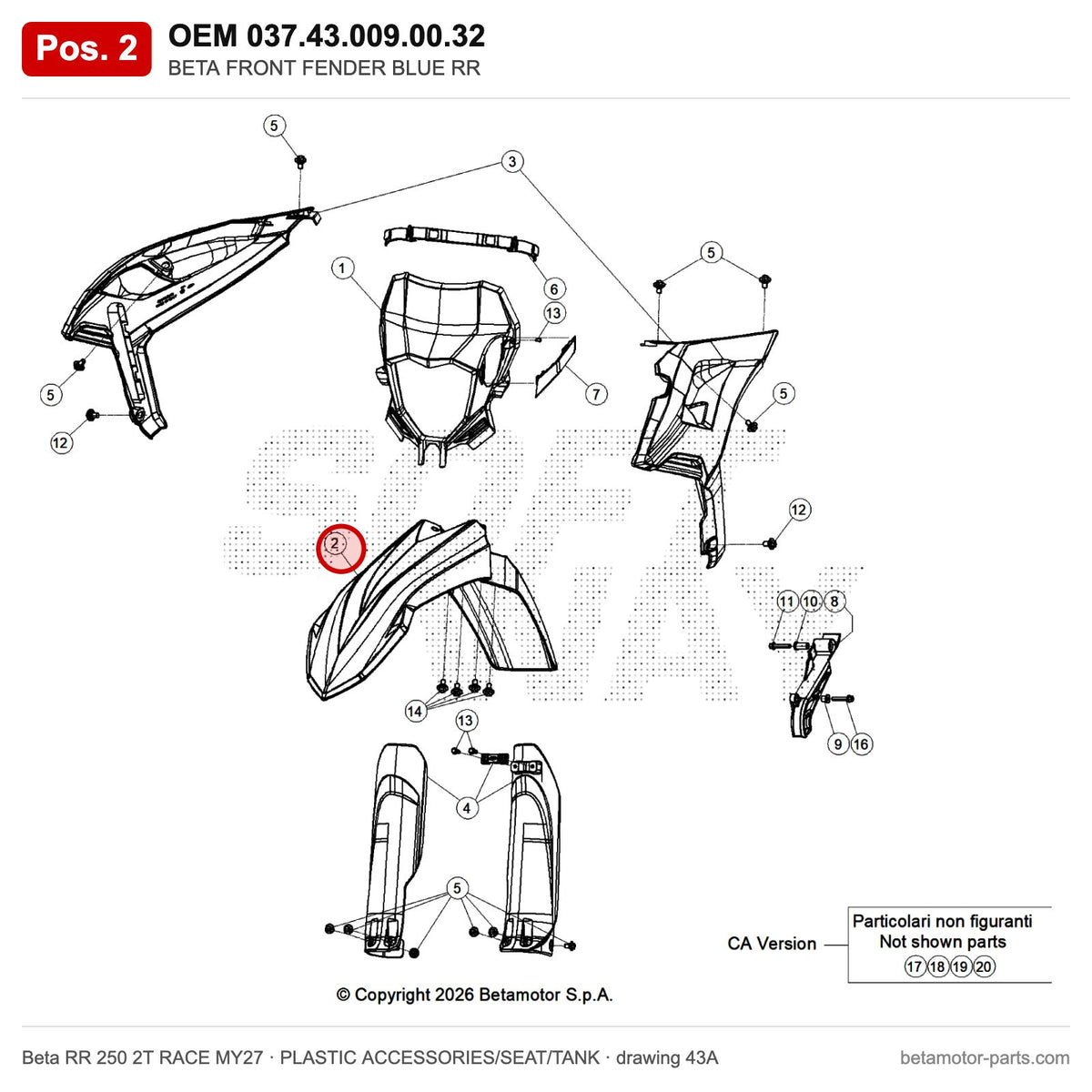 BETA FRONT FENDER BLUE RR – OEM 037.43.009.00.32, position 2 on the Beta RR 250 2T RACE MY27 plastic accessories/seat/tank drawing