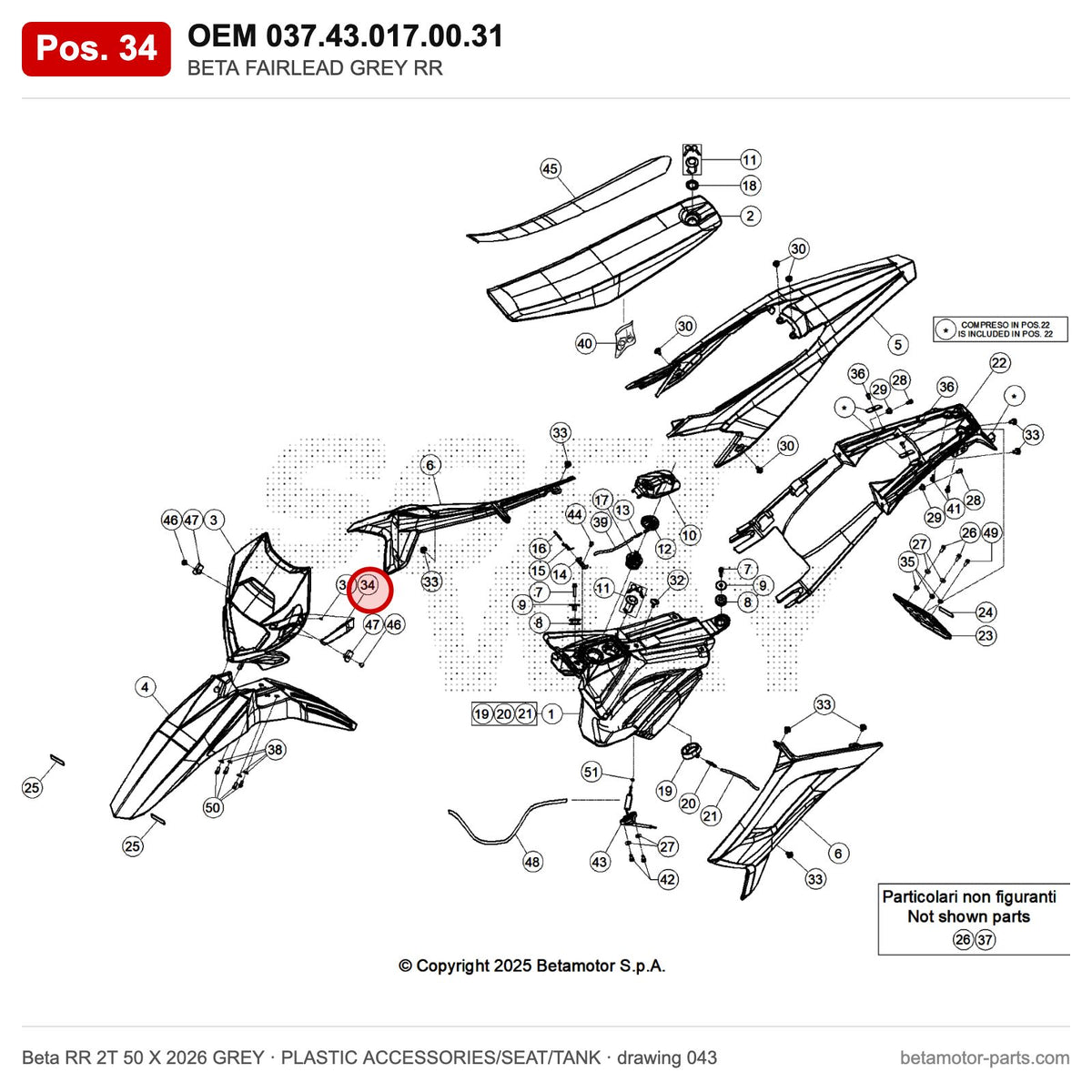 BETA FAIRLEAD GREY RR – OEM 037.43.017.00.31, position 34 on the Beta RR 2T 50 X 2026 GREY plastic accessories/seat/tank drawing