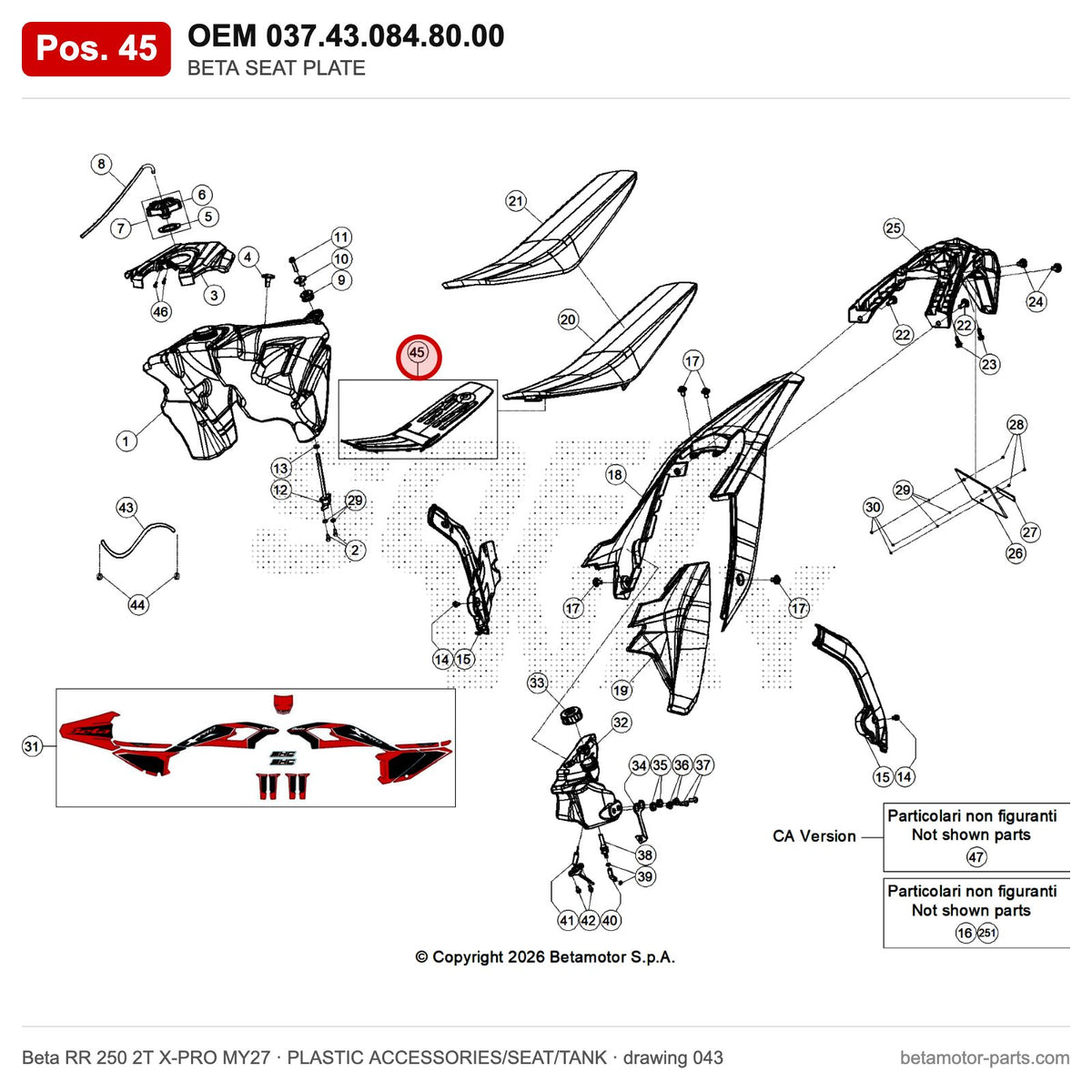 BETA SEAT PLATE – OEM 037.43.084.80.00, position 45 on the Beta RR 250 2T X-PRO MY27 plastic accessories/seat/tank drawing