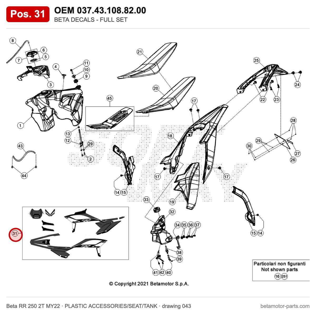 BETA DECALS - FULL SET – OEM 037.43.108.82.00, position 31 on the Beta RR 250 2T MY22 plastic accessories/seat/tank drawing