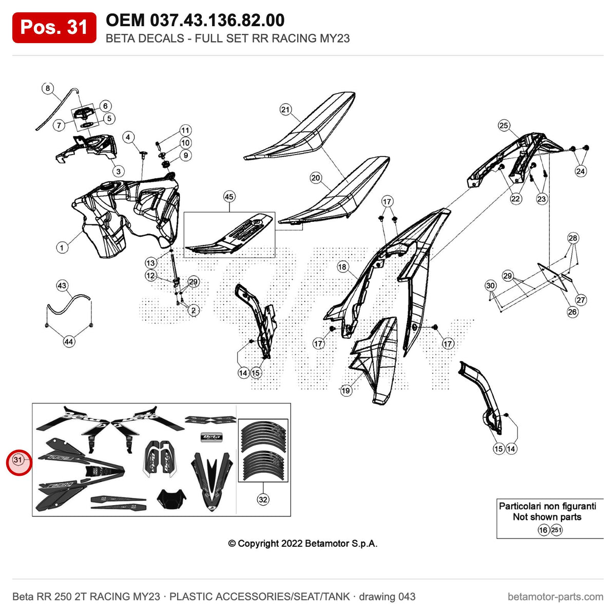 BETA DECALS - FULL SET RR RACING MY23 – OEM 037.43.136.82.00, position 31 on the Beta RR 250 2T RACING MY23 plastic accessories/seat/tank drawing