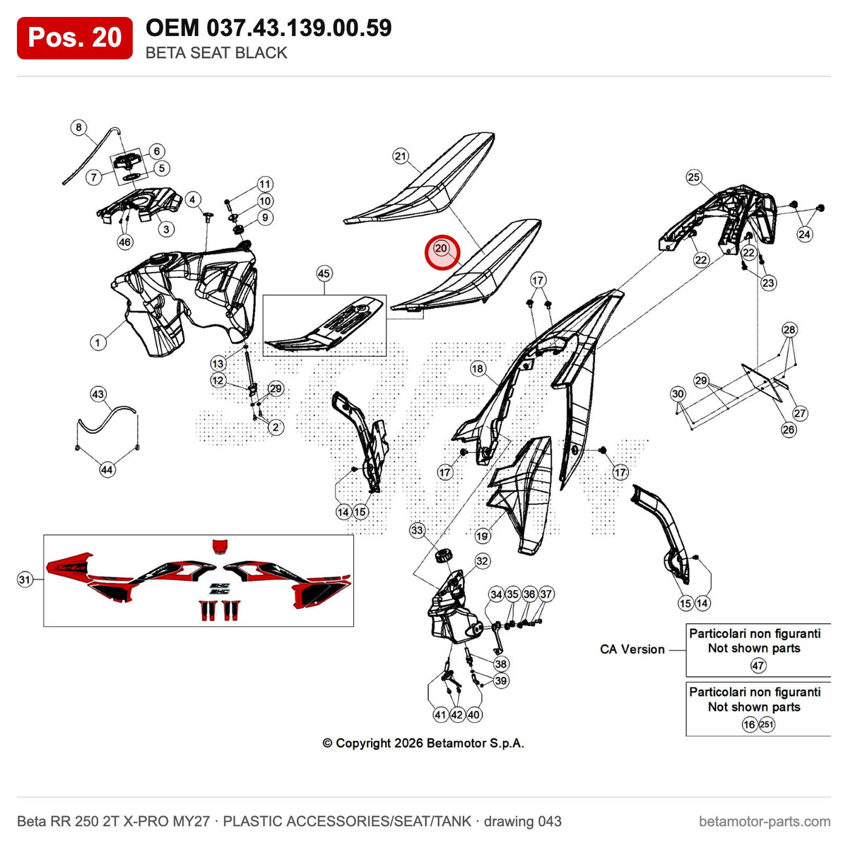 BETA SEAT BLACK – OEM 037.43.139.00.59, position 20 on the Beta RR 250 2T X-PRO MY27 plastic accessories/seat/tank drawing