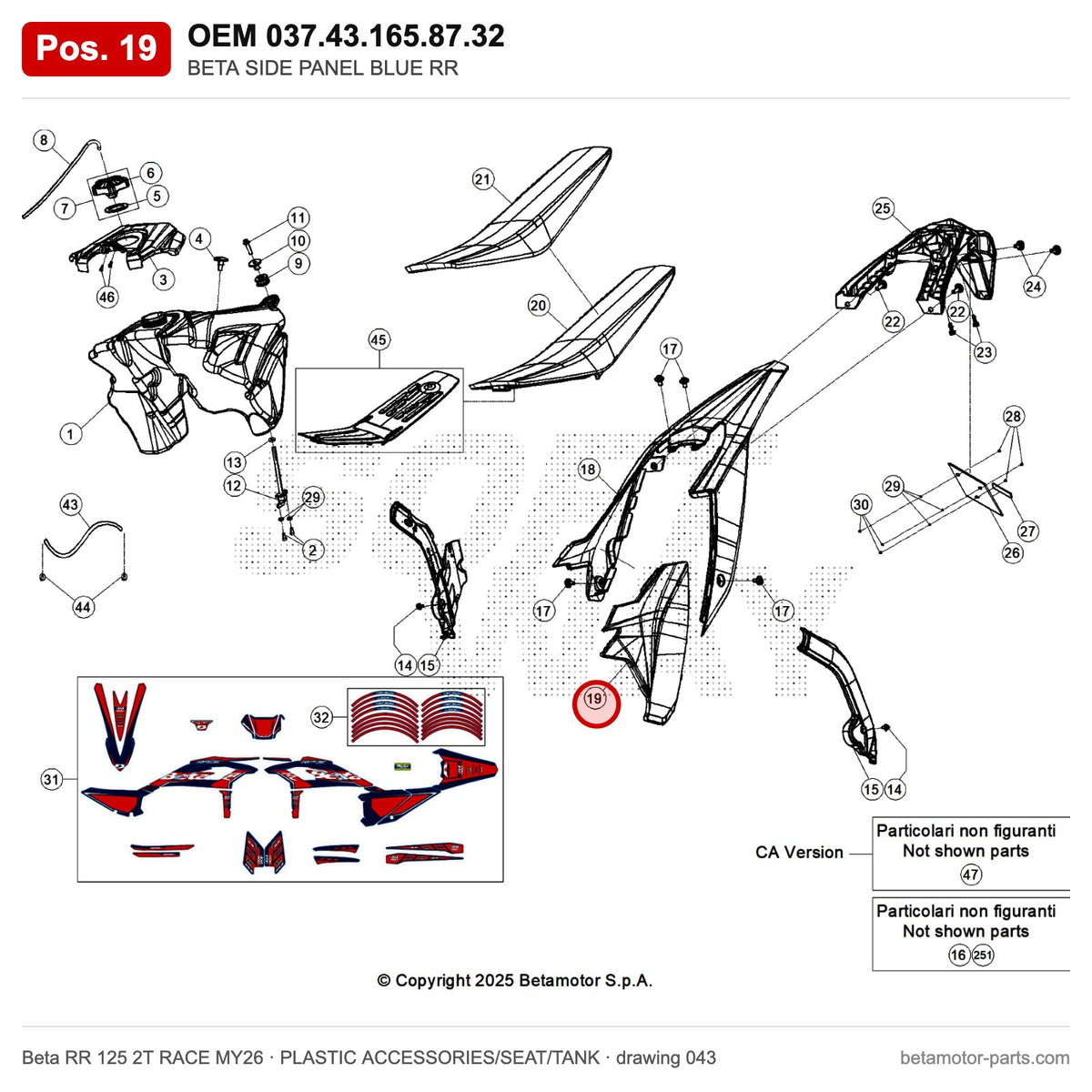 BETA SIDE PANEL BLUE RR – OEM 037.43.165.87.32, position 19 on the Beta RR 125 2T RACE MY26 plastic accessories/seat/tank drawing