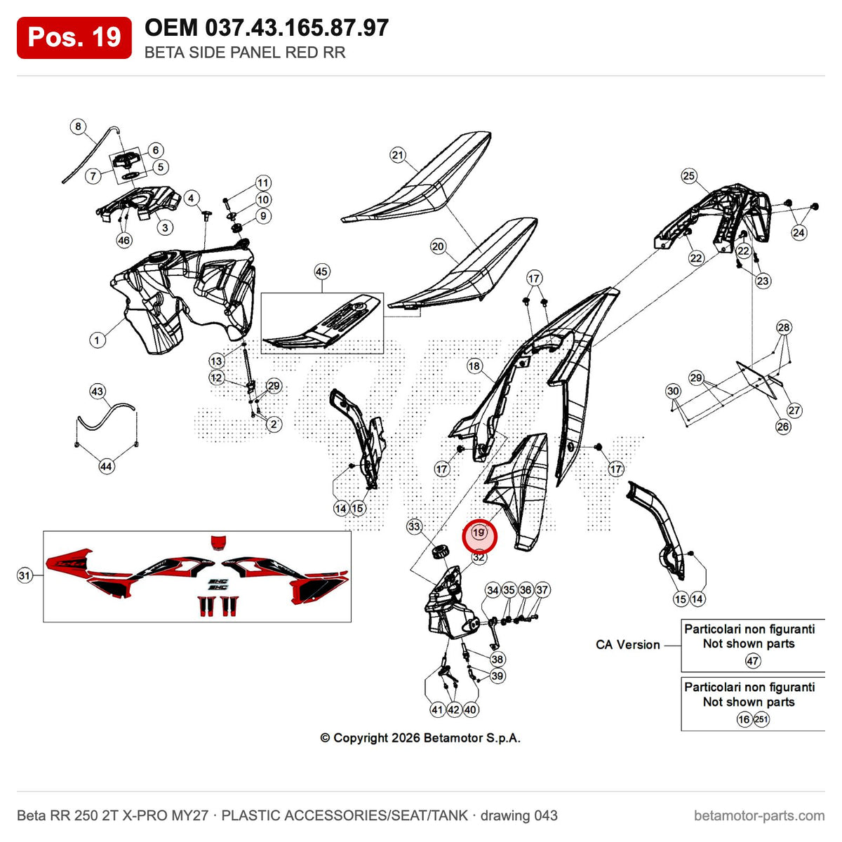 BETA SIDE PANEL RED RR – OEM 037.43.165.87.97, position 19 on the Beta RR 250 2T X-PRO MY27 plastic accessories/seat/tank drawing