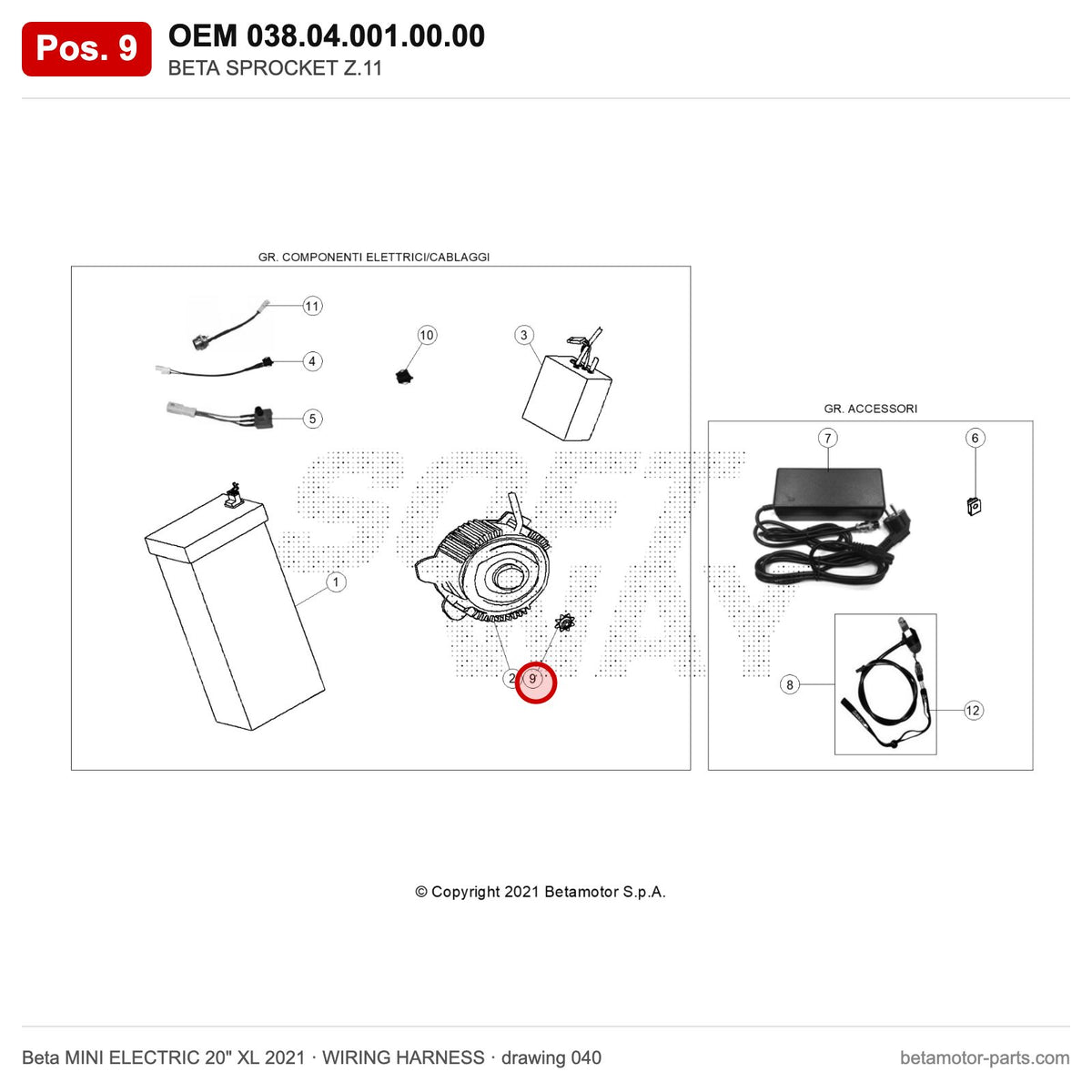 BETA SPROCKET Z.11 – OEM 038.04.001.00.00, position 9 on the Beta MINI ELECTRIC 20" XL 2021 wiring harness drawing