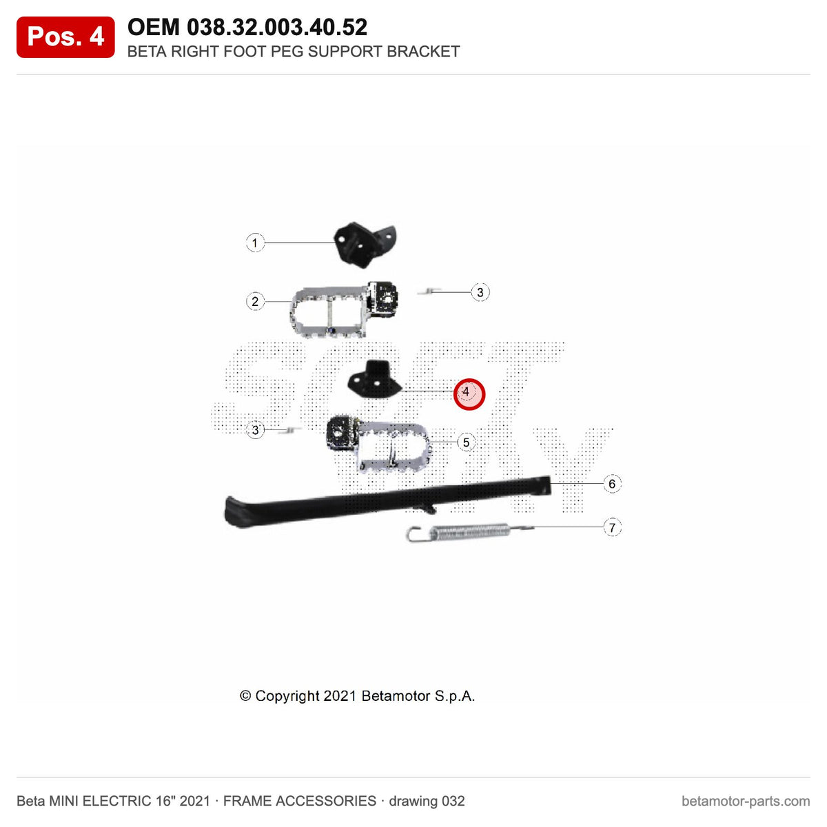 BETA RIGHT FOOT PEG SUPPORT BRACKET – OEM 038.32.003.40.52, position 4 on the Beta MINI ELECTRIC 16" 2021 frame accessories drawing
