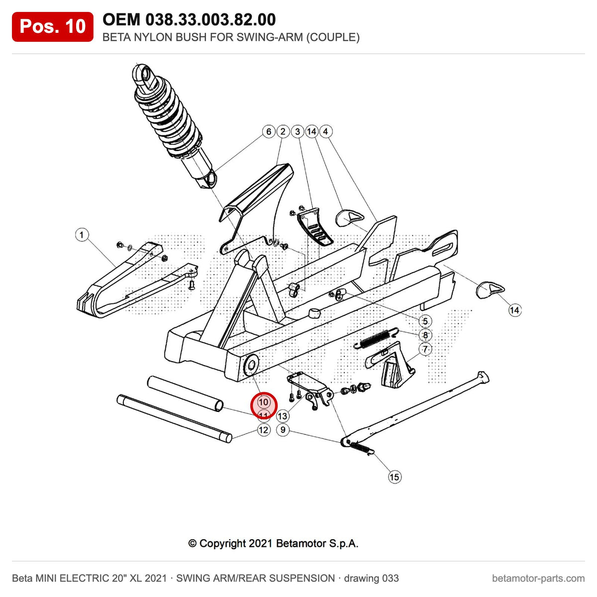 BETA NYLON BUSH FOR SWING-ARM (COUPLE) – OEM 038.33.003.82.00, position 10 on the Beta MINI ELECTRIC 20" XL 2021 swing arm/rear suspension drawing