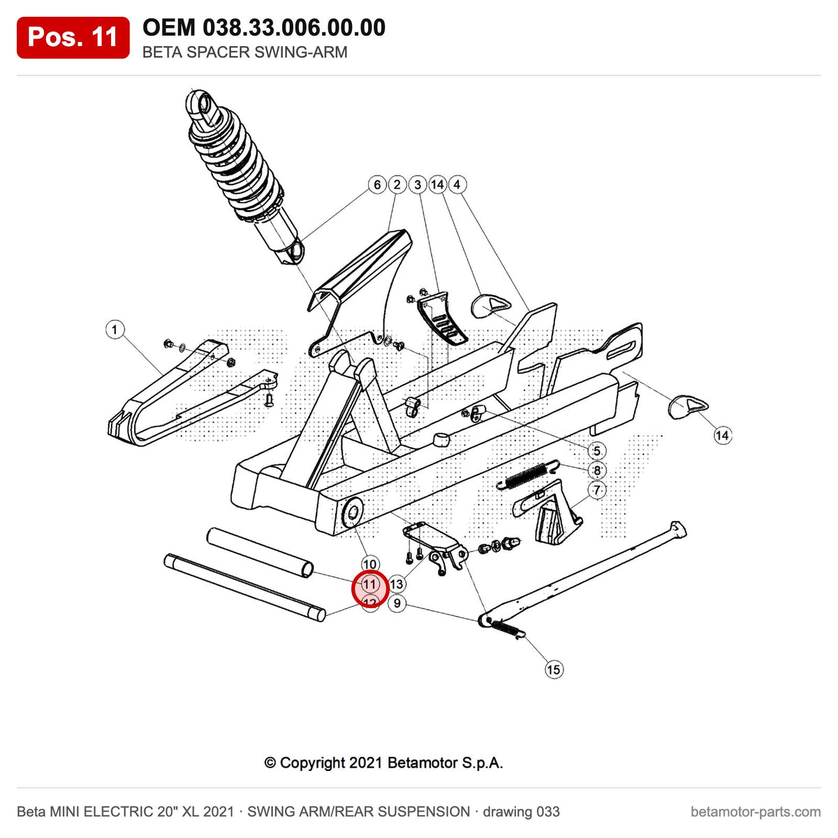 BETA SPACER SWING-ARM – OEM 038.33.006.00.00, position 11 on the Beta MINI ELECTRIC 20" XL 2021 swing arm/rear suspension drawing