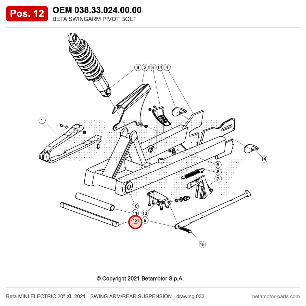 BETA SWINGARM PIVOT BOLT – OEM 038.33.024.00.00, position 12 on the Beta MINI ELECTRIC 20" XL 2021 swing arm/rear suspension drawing