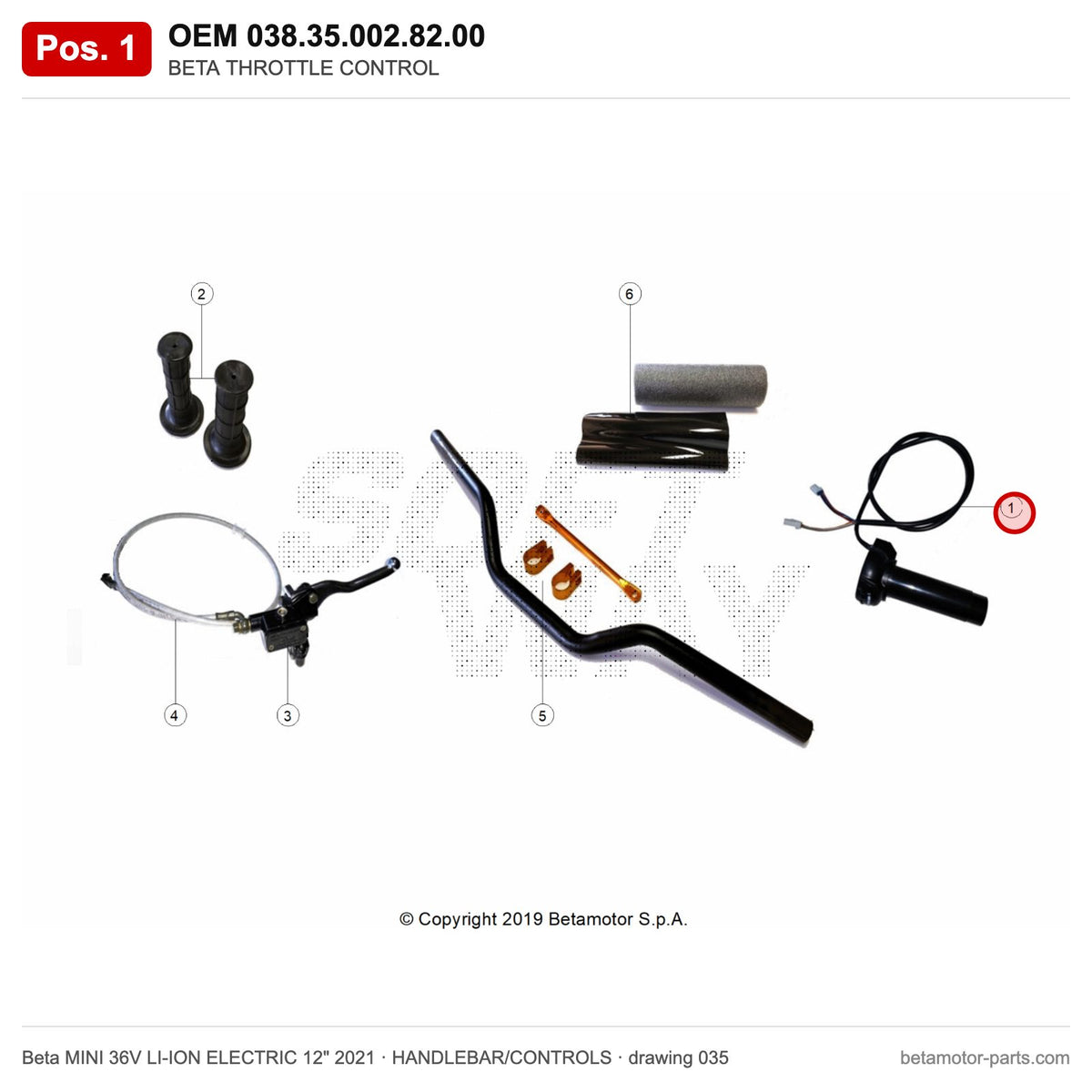 BETA THROTTLE CONTROL – OEM 038.35.002.82.00, position 1 on the Beta MINI 36V LI-ION ELECTRIC 12" 2021 handlebar/controls drawing