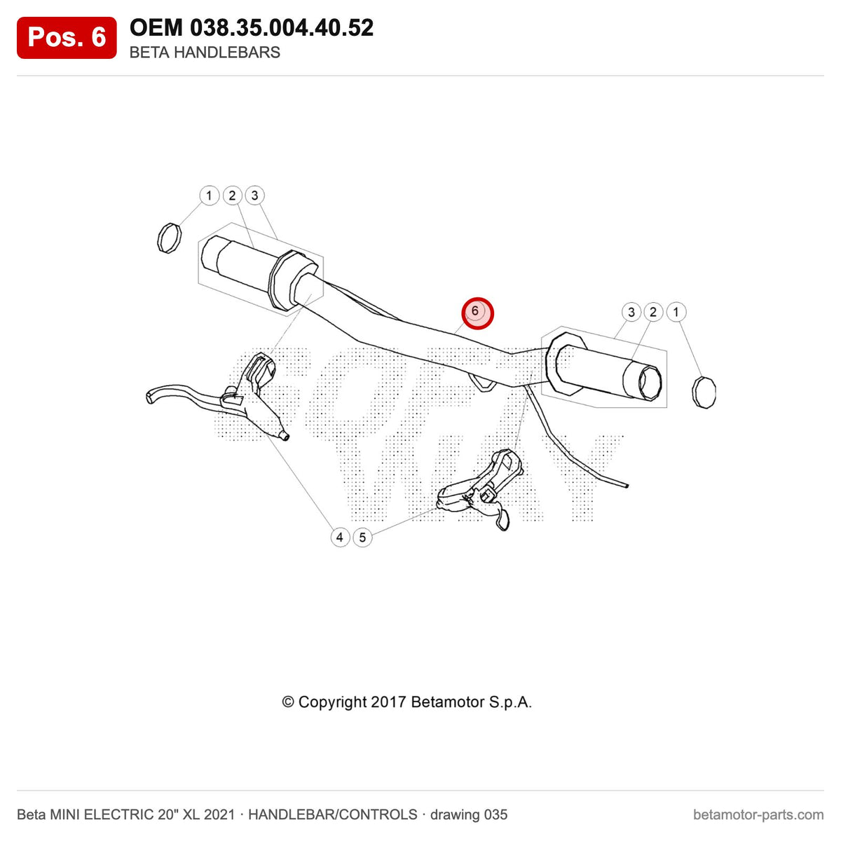 BETA HANDLEBARS – OEM 038.35.004.40.52, position 6 on the Beta MINI ELECTRIC 20" XL 2021 handlebar/controls drawing