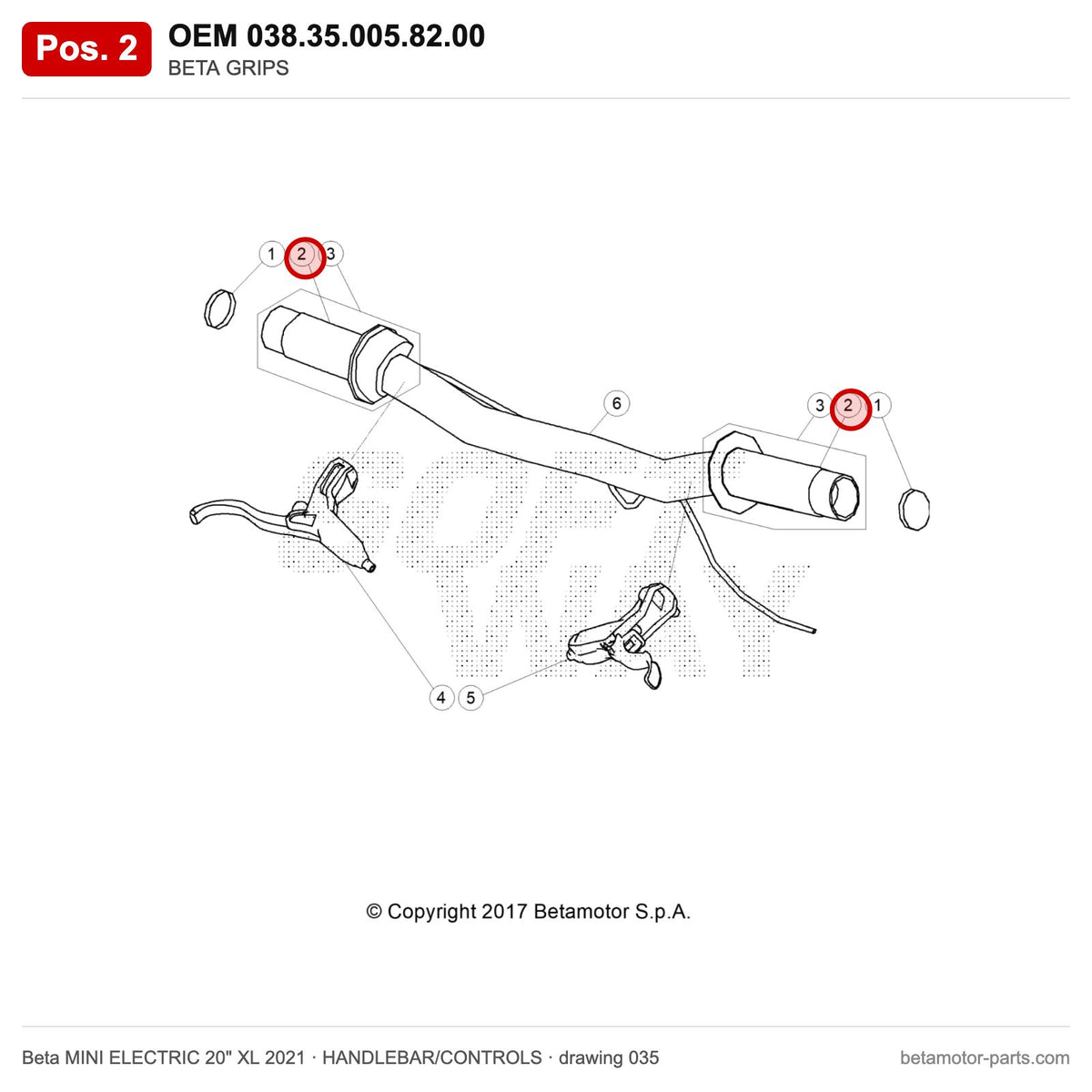 BETA GRIPS – OEM 038.35.005.82.00, position 2 on the Beta MINI ELECTRIC 20" XL 2021 handlebar/controls drawing