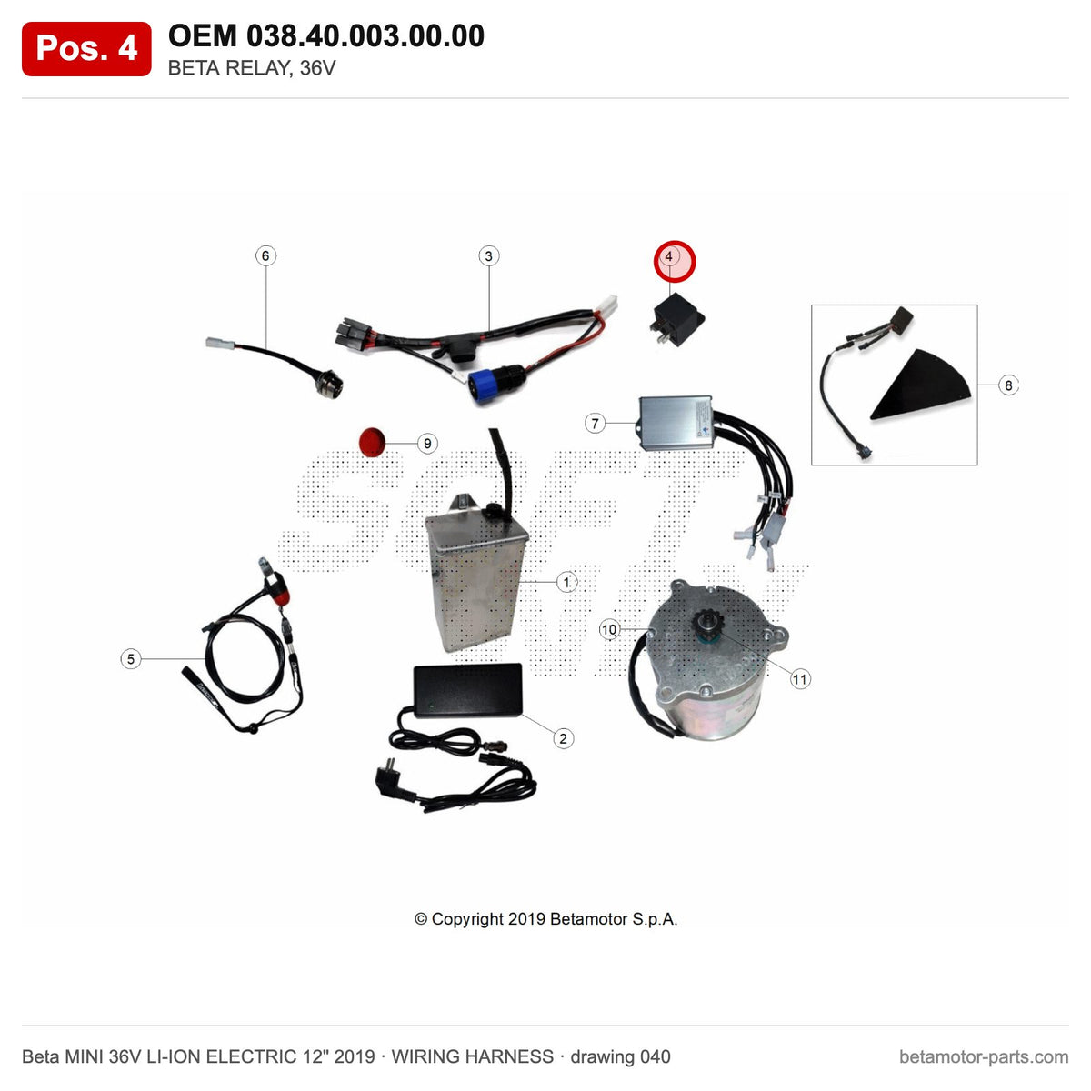 BETA RELAY, 36V – OEM 038.40.003.00.00, position 4 on the Beta MINI 36V LI-ION ELECTRIC 12" 2019 wiring harness drawing