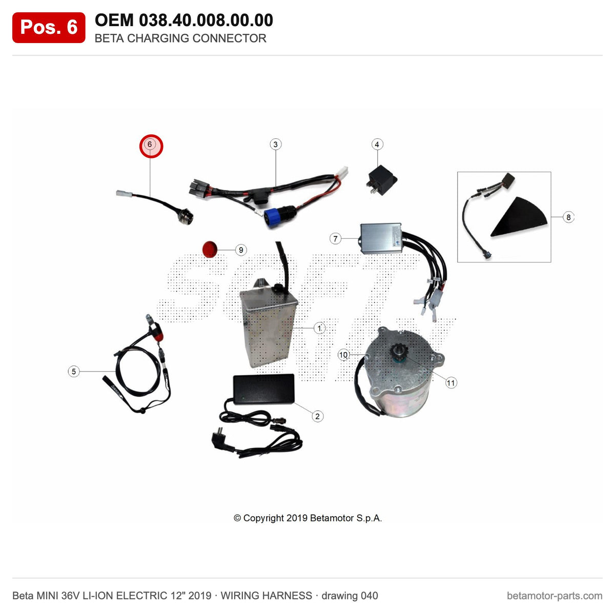 BETA CHARGING CONNECTOR – OEM 038.40.008.00.00, position 6 on the Beta MINI 36V LI-ION ELECTRIC 12" 2019 wiring harness drawing