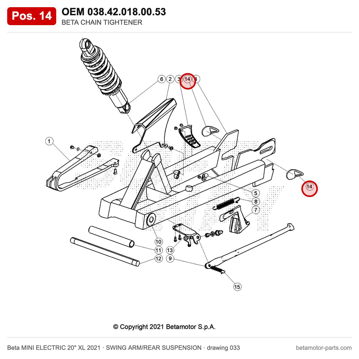 BETA CHAIN TIGHTENER – OEM 038.42.018.00.53, position 14 on the Beta MINI ELECTRIC 20" XL 2021 swing arm/rear suspension drawing