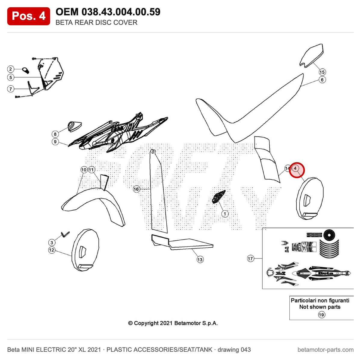 BETA REAR DISC COVER – OEM 038.43.004.00.59, position 4 on the Beta MINI ELECTRIC 20" XL 2021 plastic accessories/seat/tank drawing