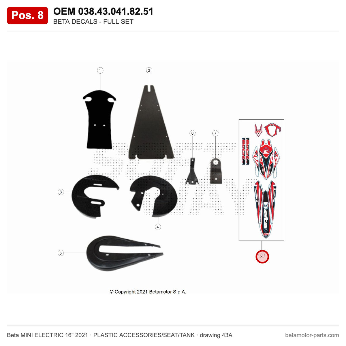 BETA DECALS - FULL SET – OEM 038.43.041.82.51, position 8 on the Beta MINI ELECTRIC 16" 2021 plastic accessories/seat/tank drawing