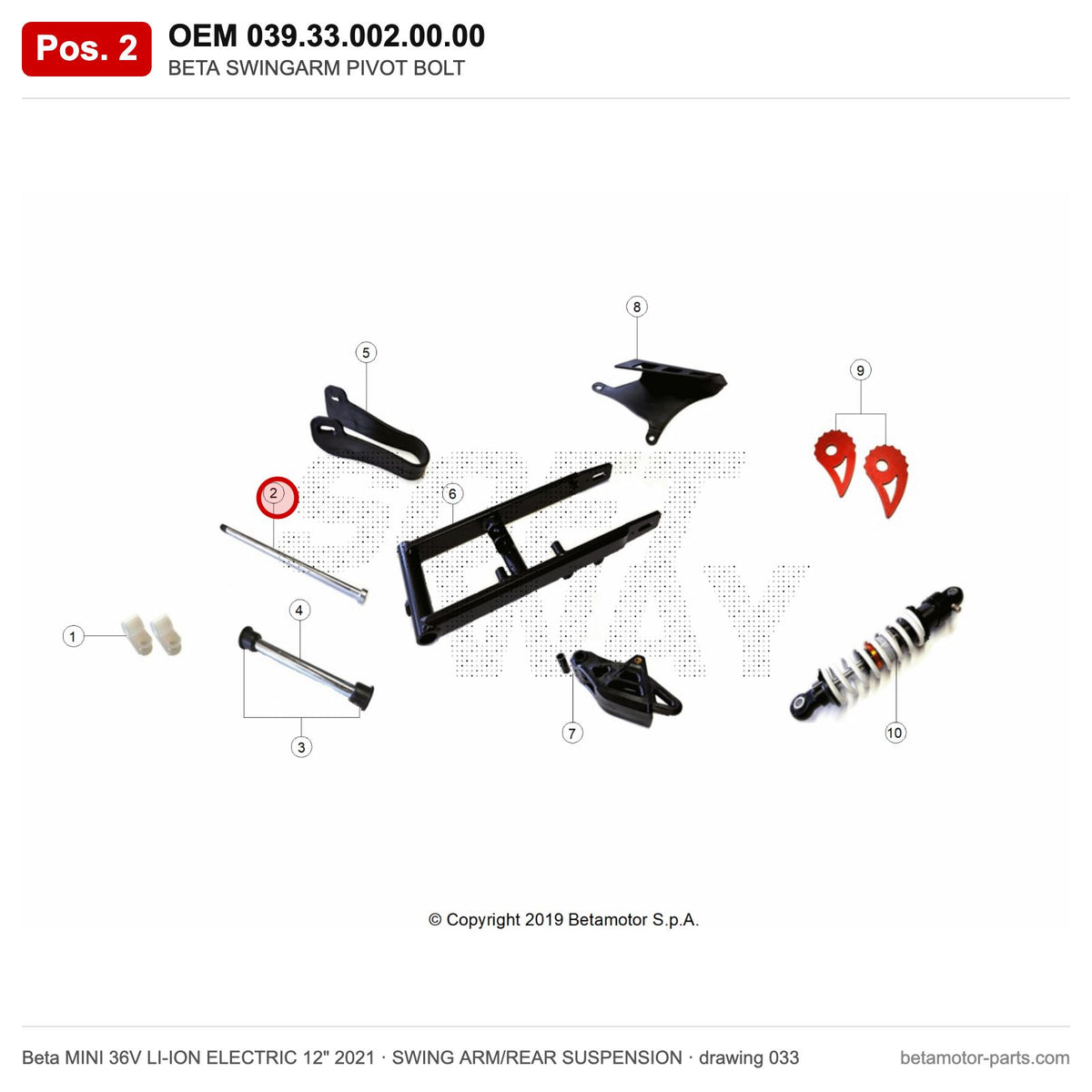 BETA SWINGARM PIVOT BOLT – OEM 039.33.002.00.00, position 2 on the Beta MINI 36V LI-ION ELECTRIC 12" 2021 swing arm/rear suspension drawing