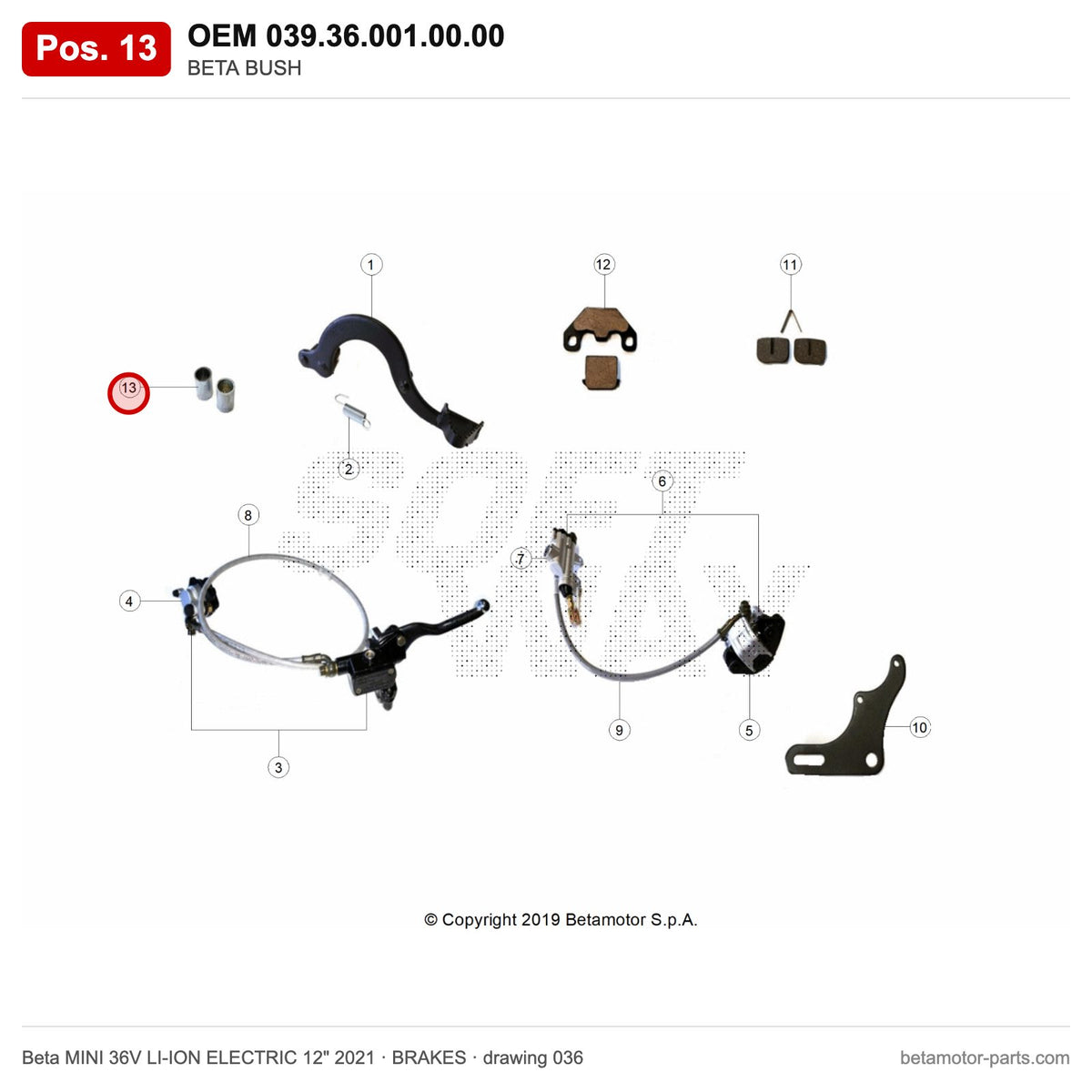 BETA BUSH – OEM 039.36.001.00.00, position 13 on the Beta MINI 36V LI-ION ELECTRIC 12" 2021 brakes drawing