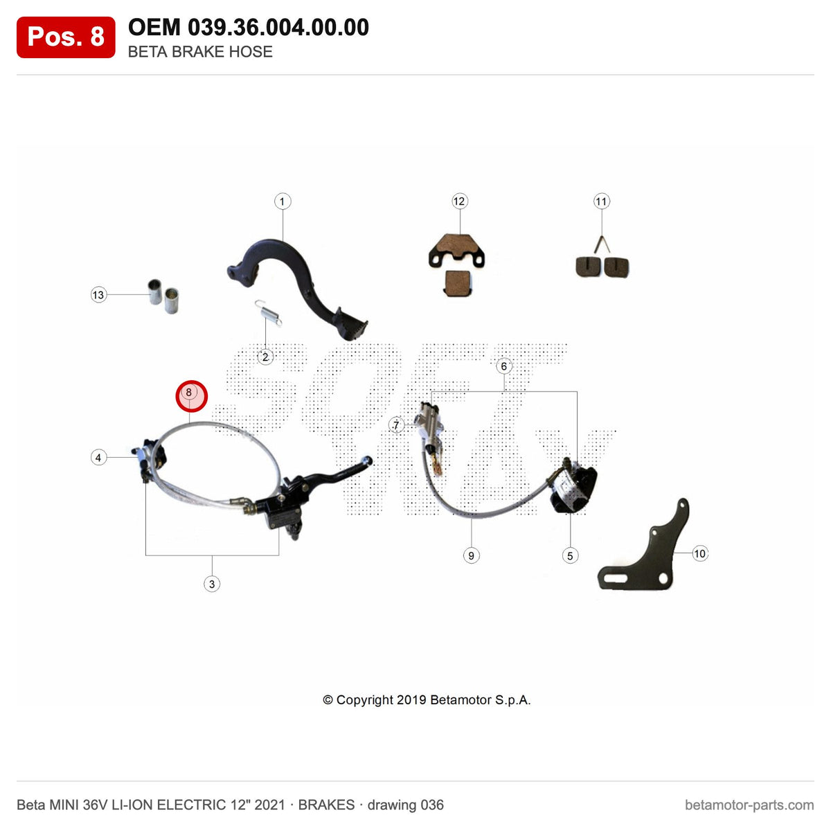 BETA BRAKE HOSE – OEM 039.36.004.00.00, position 8 on the Beta MINI 36V LI-ION ELECTRIC 12" 2021 brakes drawing