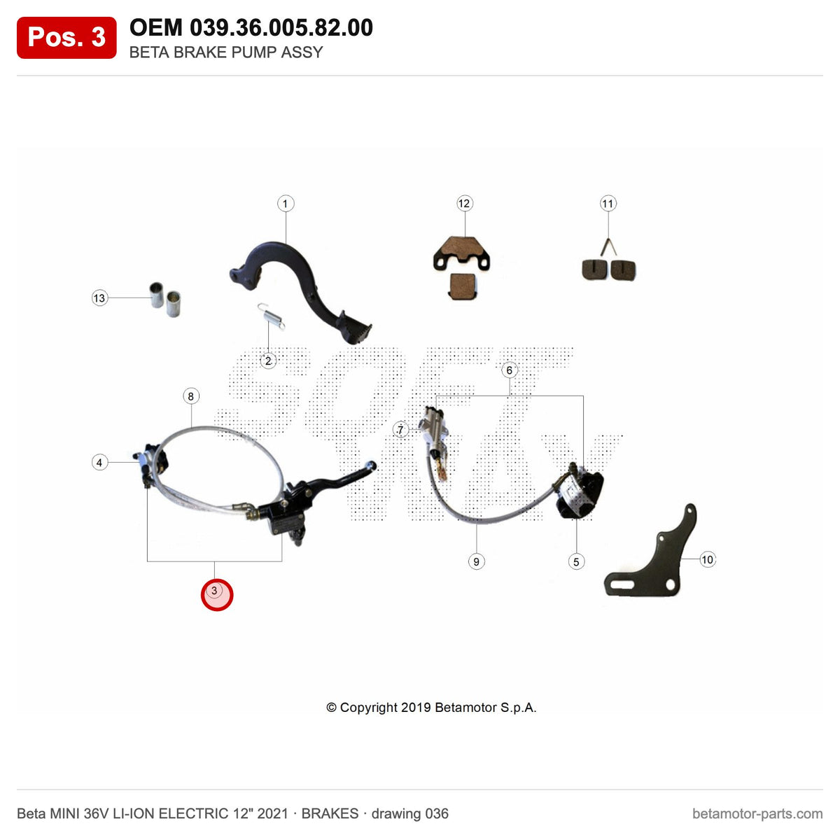 BETA BRAKE PUMP ASSY – OEM 039.36.005.82.00, position 3 on the Beta MINI 36V LI-ION ELECTRIC 12" 2021 brakes drawing