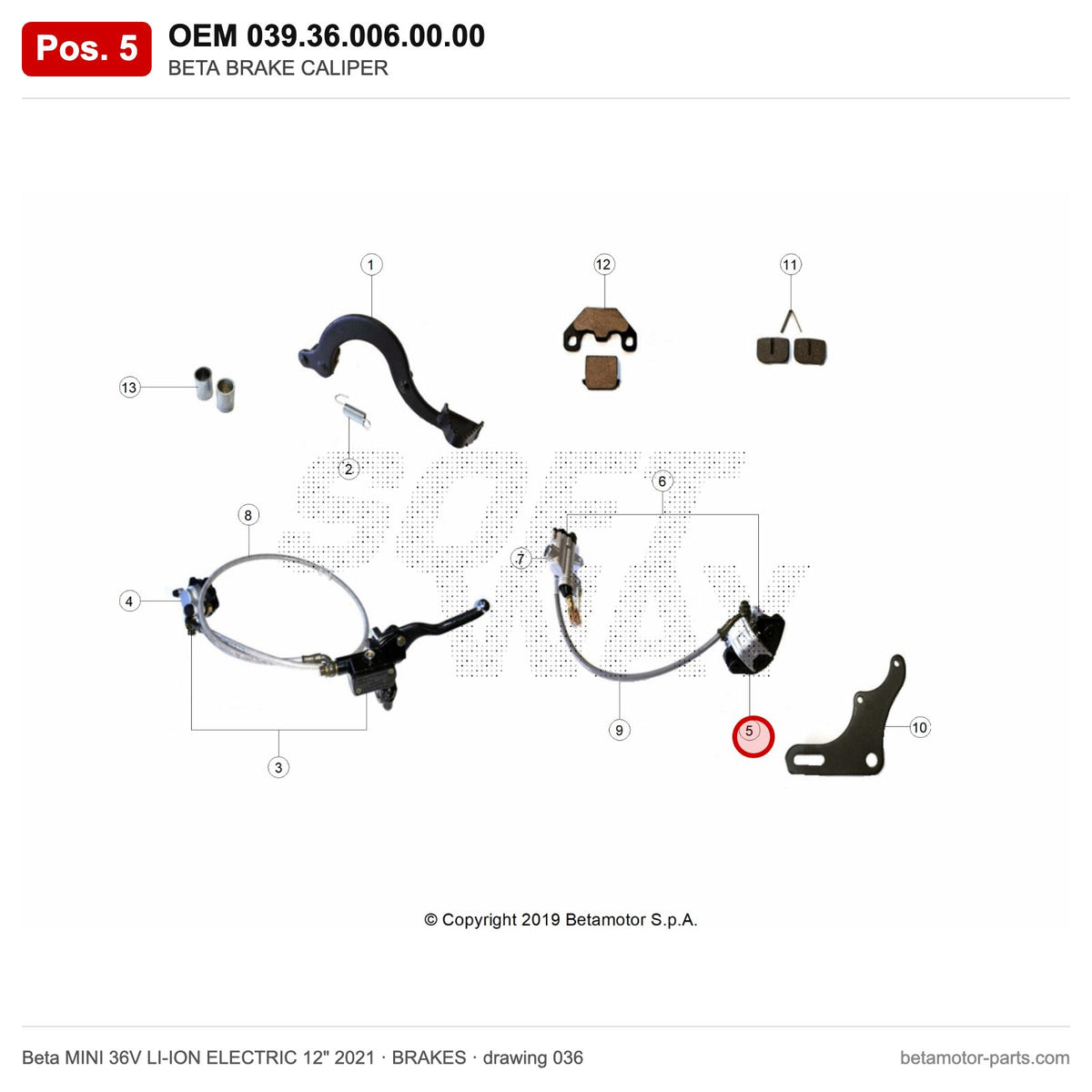 BETA BRAKE CALIPER – OEM 039.36.006.00.00, position 5 on the Beta MINI 36V LI-ION ELECTRIC 12" 2021 brakes drawing