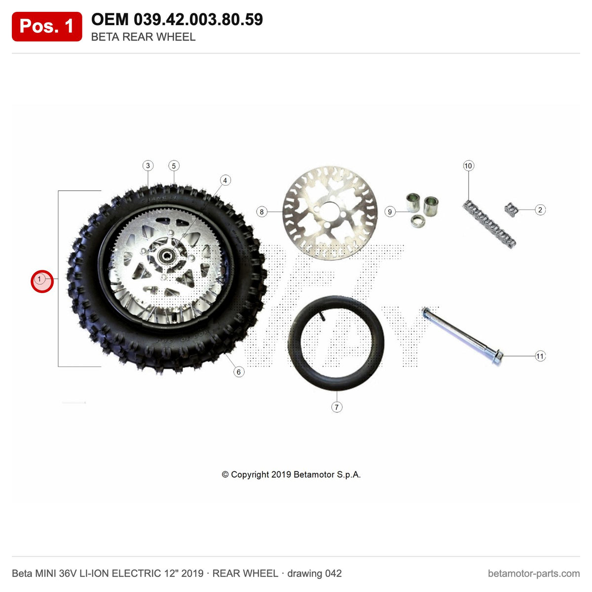BETA REAR WHEEL – OEM 039.42.003.80.59, position 1 on the Beta MINI 36V LI-ION ELECTRIC 12" 2019 rear wheel drawing
