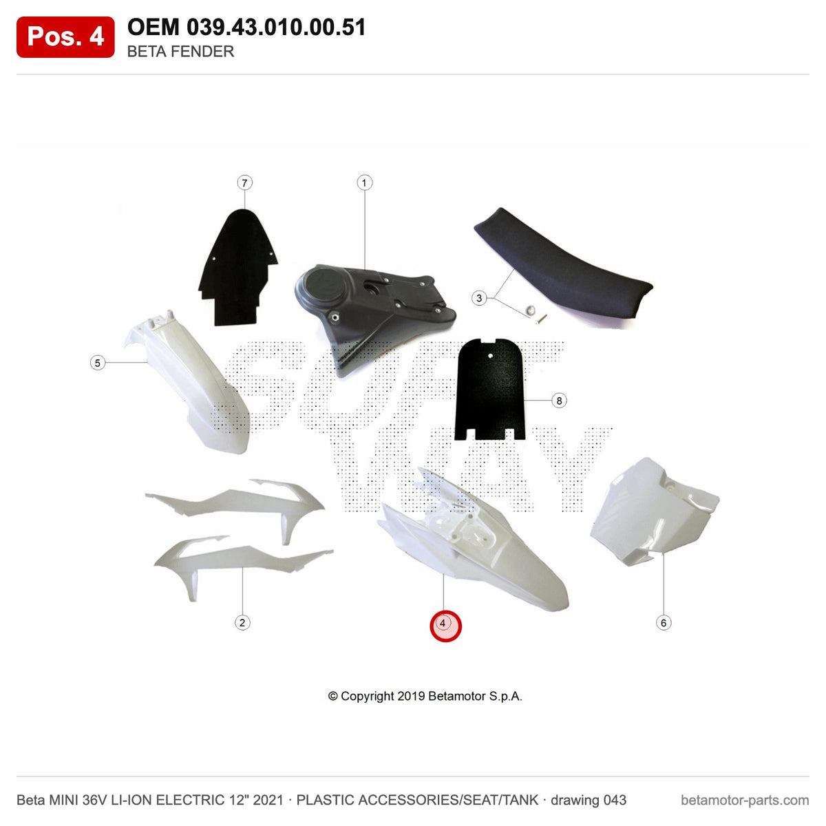 BETA FENDER – OEM 039.43.010.00.51, position 4 on the Beta MINI 36V LI-ION ELECTRIC 12" 2021 plastic accessories/seat/tank drawing