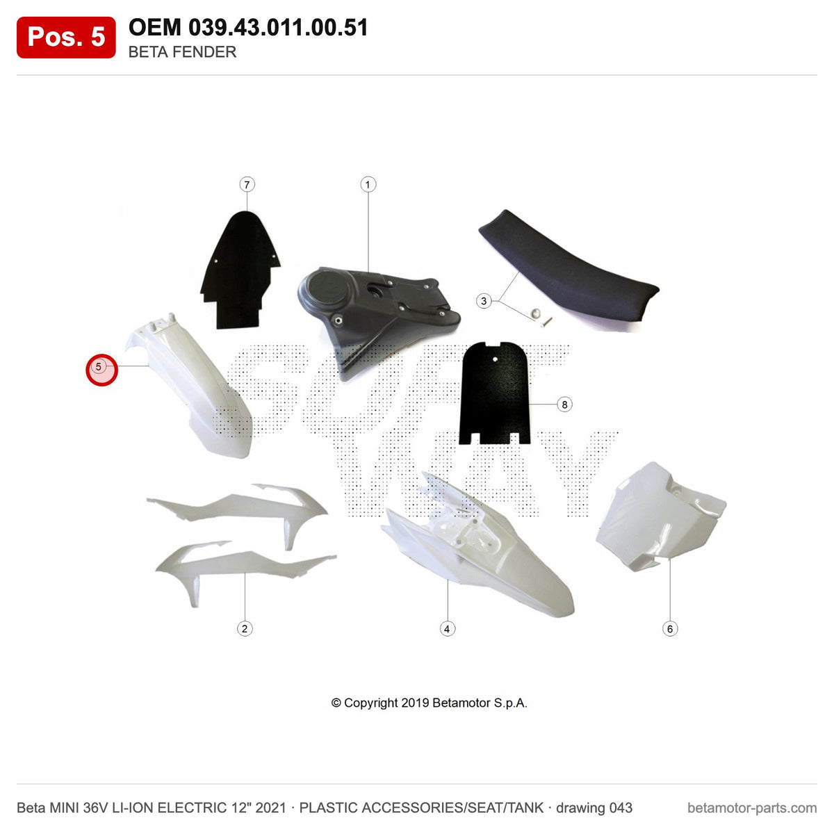 BETA FENDER – OEM 039.43.011.00.51, position 5 on the Beta MINI 36V LI-ION ELECTRIC 12" 2021 plastic accessories/seat/tank drawing