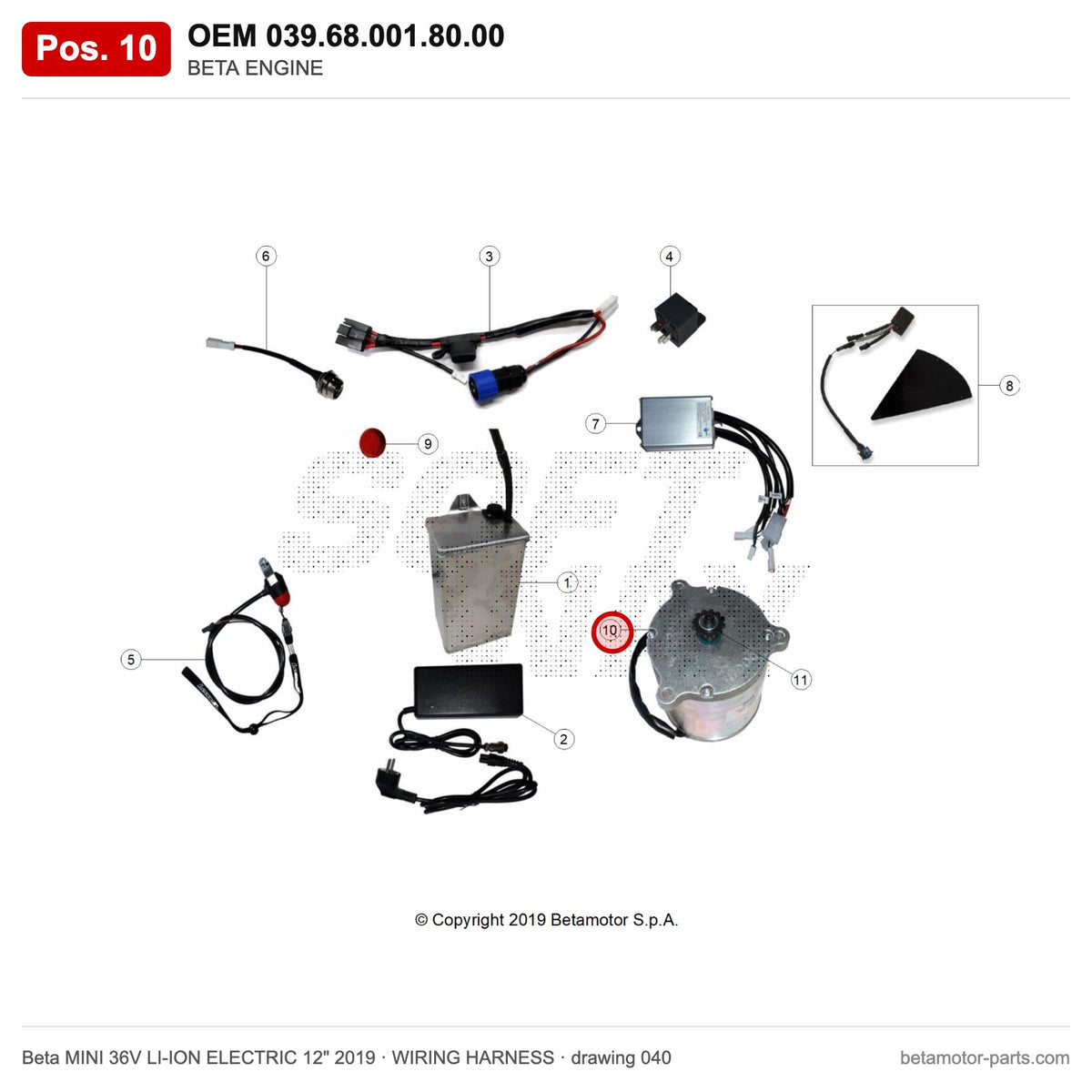 BETA ENGINE – OEM 039.68.001.80.00, position 10 on the Beta MINI 36V LI-ION ELECTRIC 12" 2019 wiring harness drawing