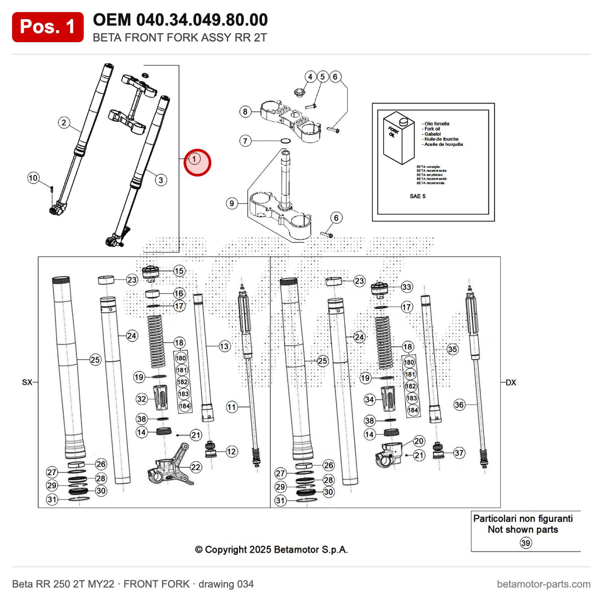BETA FRONT FORK ASSY RR 2T – OEM 040.34.049.80.00, position 1 on the Beta RR 250 2T MY22 front fork drawing