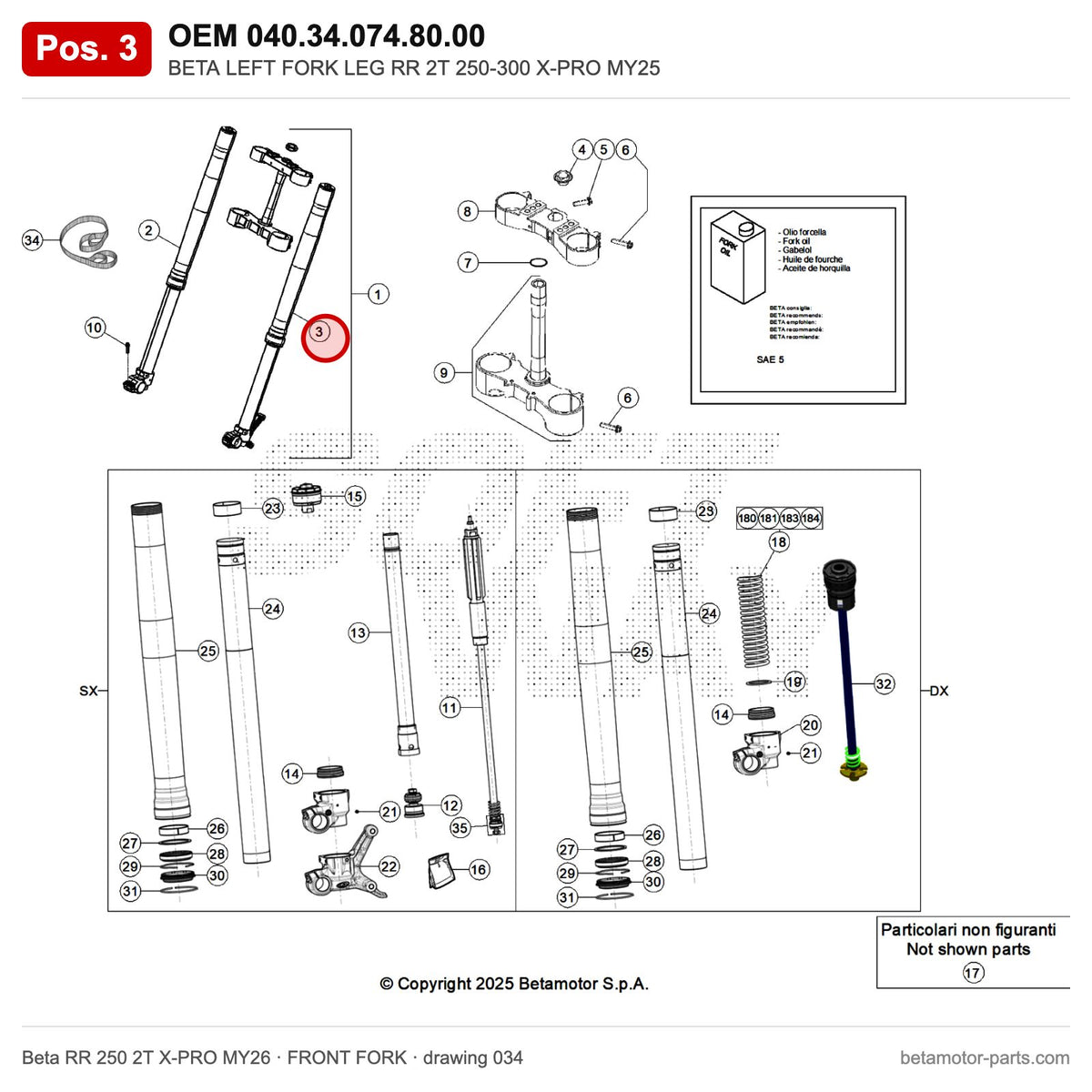 BETA LEFT FORK LEG RR 2T 250-300 X-PRO MY25 – OEM 040.34.074.80.00, position 3 on the Beta RR 250 2T X-PRO MY26 front fork drawing