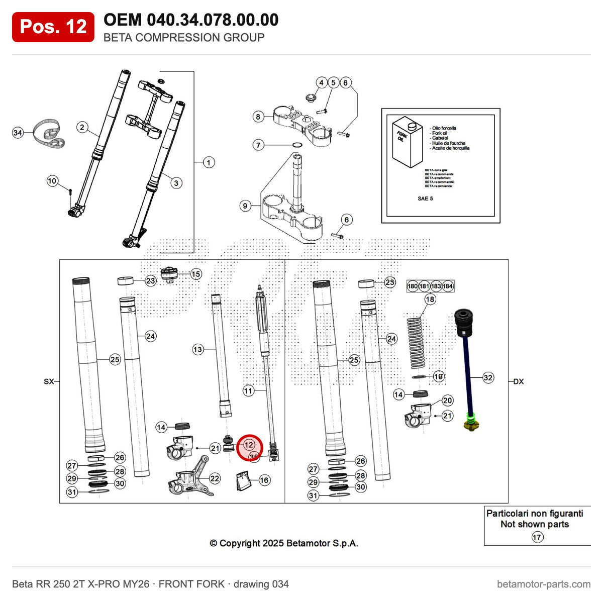 BETA COMPRESSION GROUP_1 – OEM 040.34.078.00.00, position 12 on the Beta RR 250 2T X-PRO MY26 front fork drawing