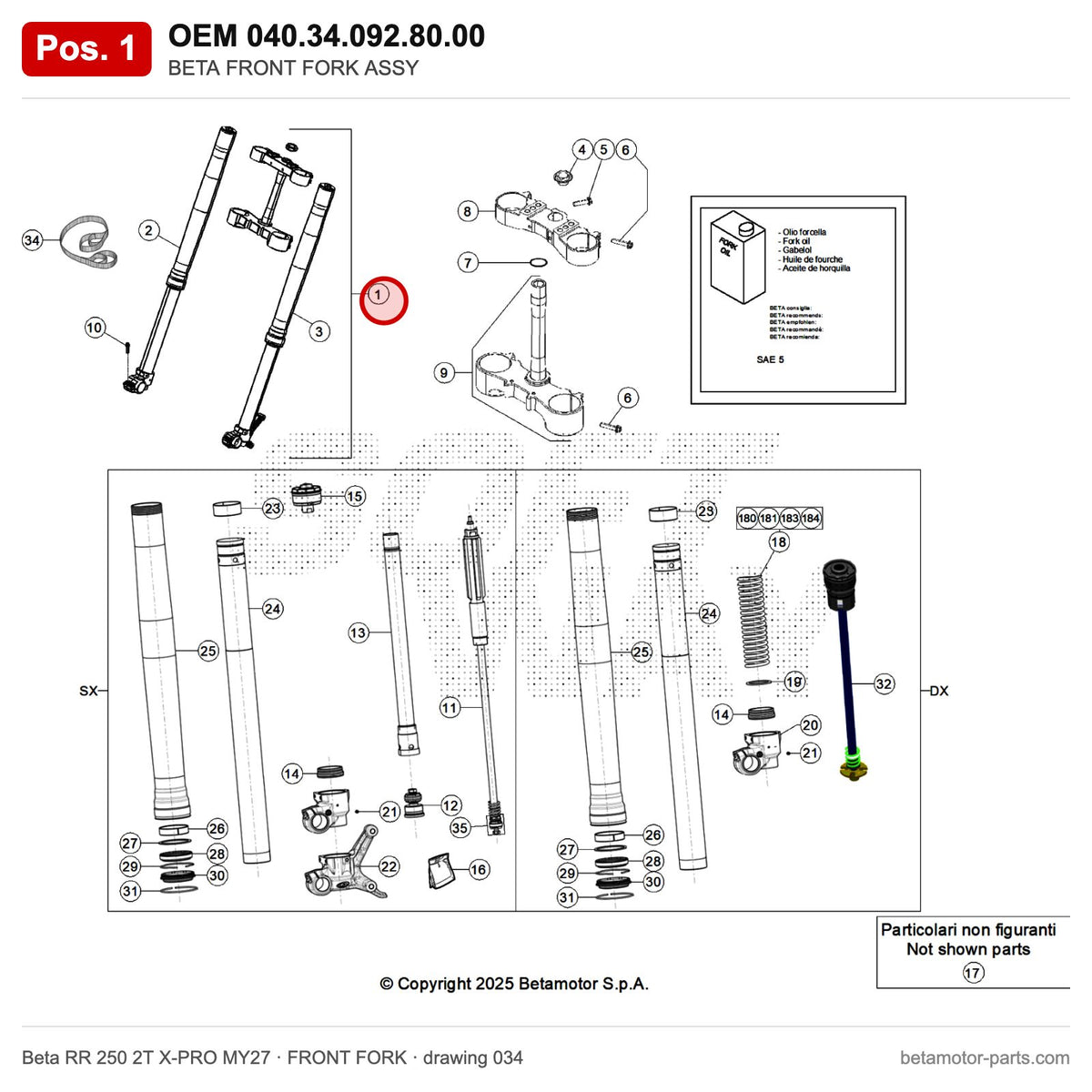 BETA FRONT FORK ASSY – OEM 040.34.092.80.00, position 1 on the Beta RR 250 2T X-PRO MY27 front fork drawing