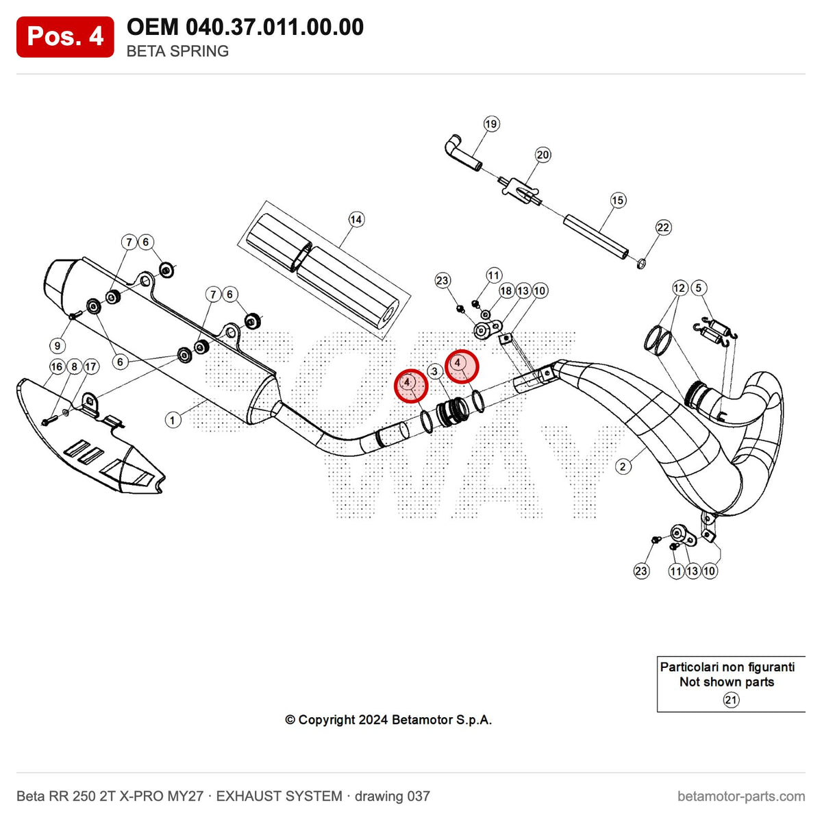 BETA SPRING – OEM 040.37.011.00.00, position 4 on the Beta RR 250 2T X-PRO MY27 exhaust system drawing
