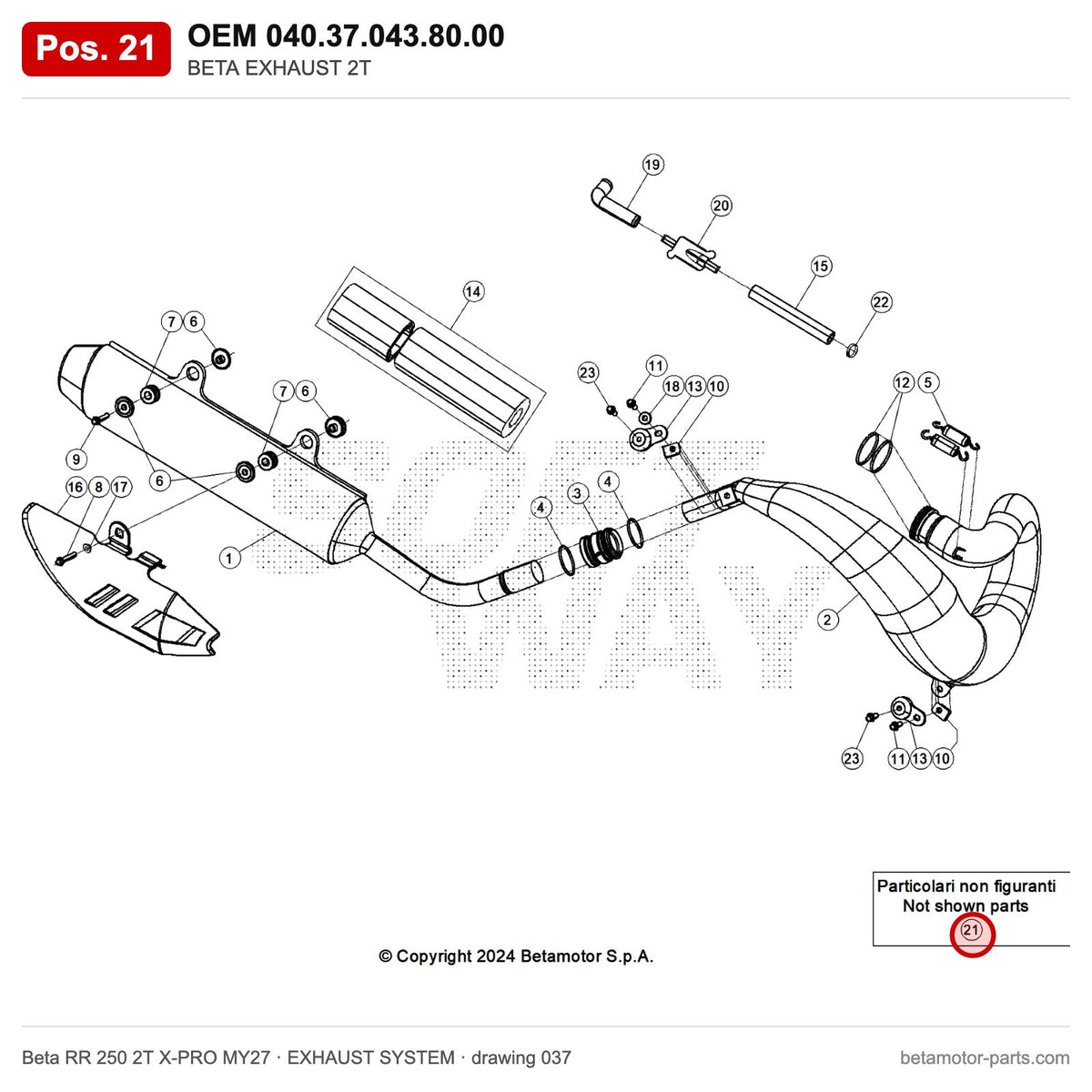 BETA EXHAUST 2T – OEM 040.37.043.80.00, position 21 on the Beta RR 250 2T X-PRO MY27 exhaust system drawing