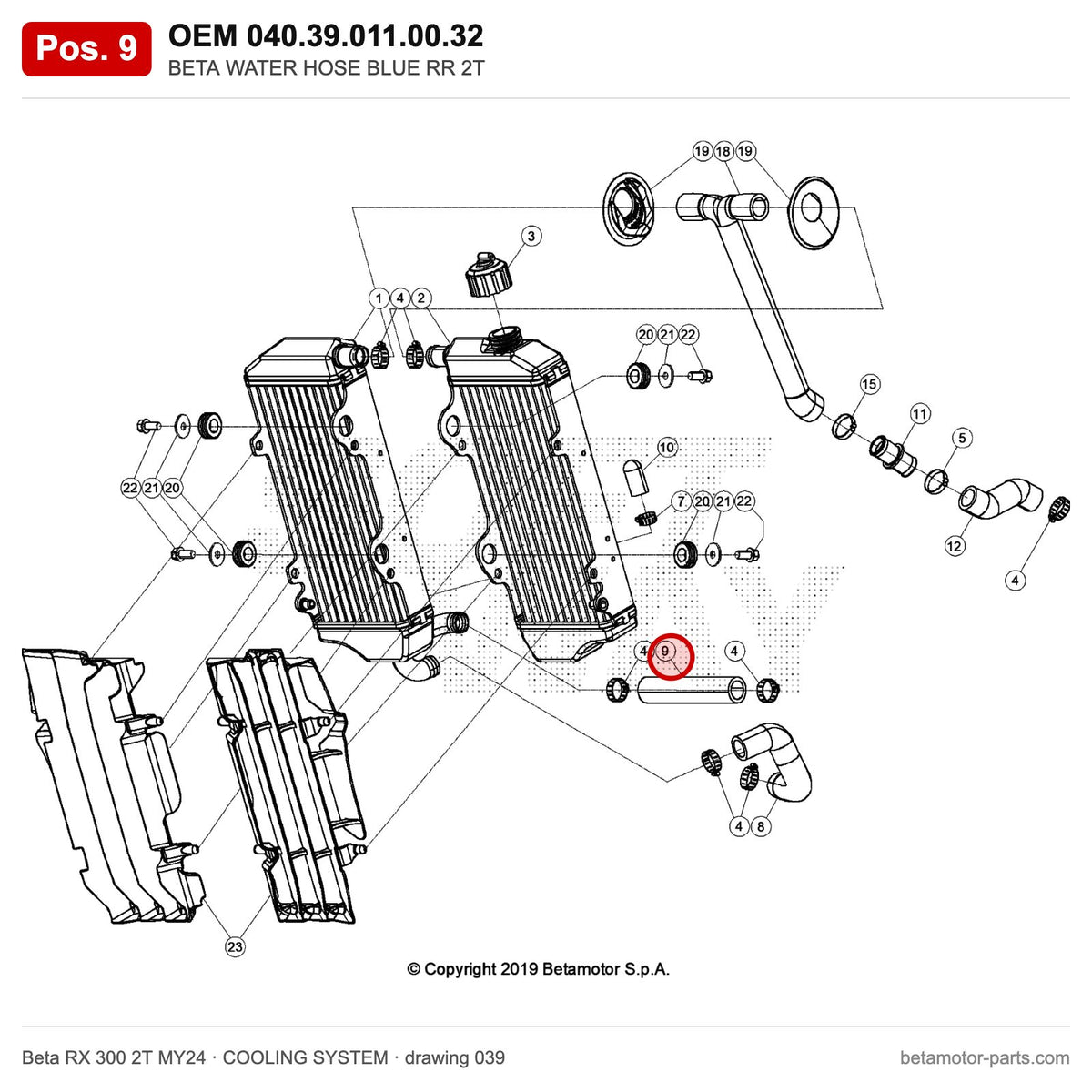 BETA WATER HOSE BLUE RR 2T – OEM 040.39.011.00.32, position 9 on the Beta RX 300 2T MY24 cooling system drawing