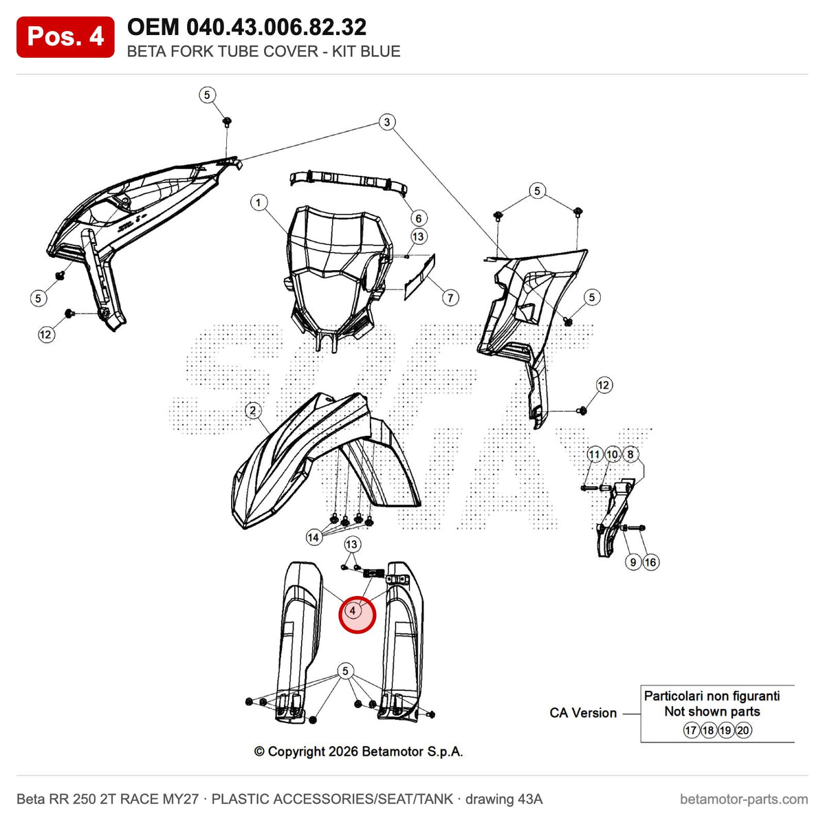 BETA FORK TUBE COVER - KIT BLUE – OEM 040.43.006.82.32, position 4 on the Beta RR 250 2T RACE MY27 plastic accessories/seat/tank drawing