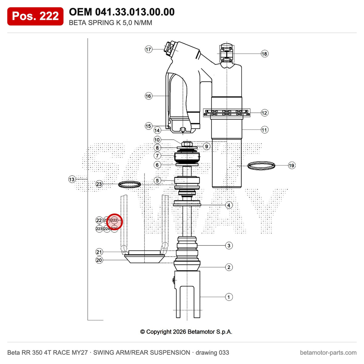 BETA SPRING K 5,0 N/MM – OEM 041.33.013.00.00, position 222 on the Beta RR 350 4T RACE MY27 swing arm/rear suspension drawing