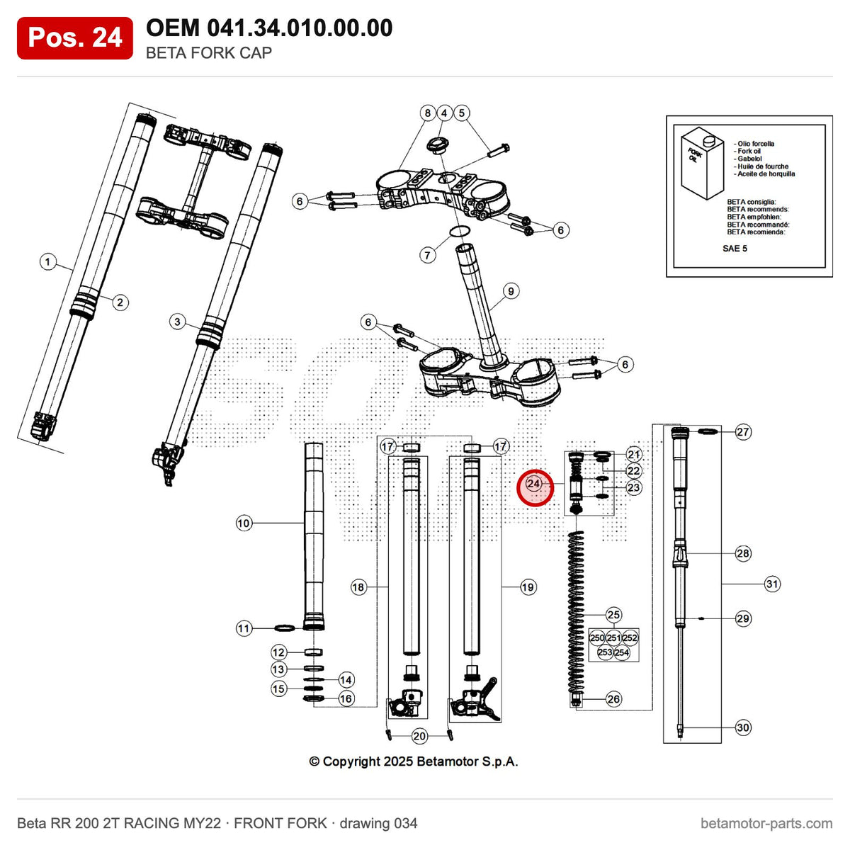 BETA FORK CAP – OEM 041.34.010.00.00, position 24 on the Beta RR 200 2T RACING MY22 front fork drawing