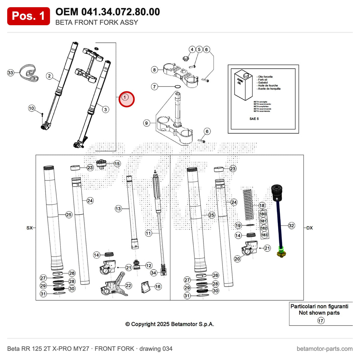 BETA FRONT FORK ASSY – OEM 041.34.072.80.00, position 1 on the Beta RR 125 2T X-PRO MY27 front fork drawing