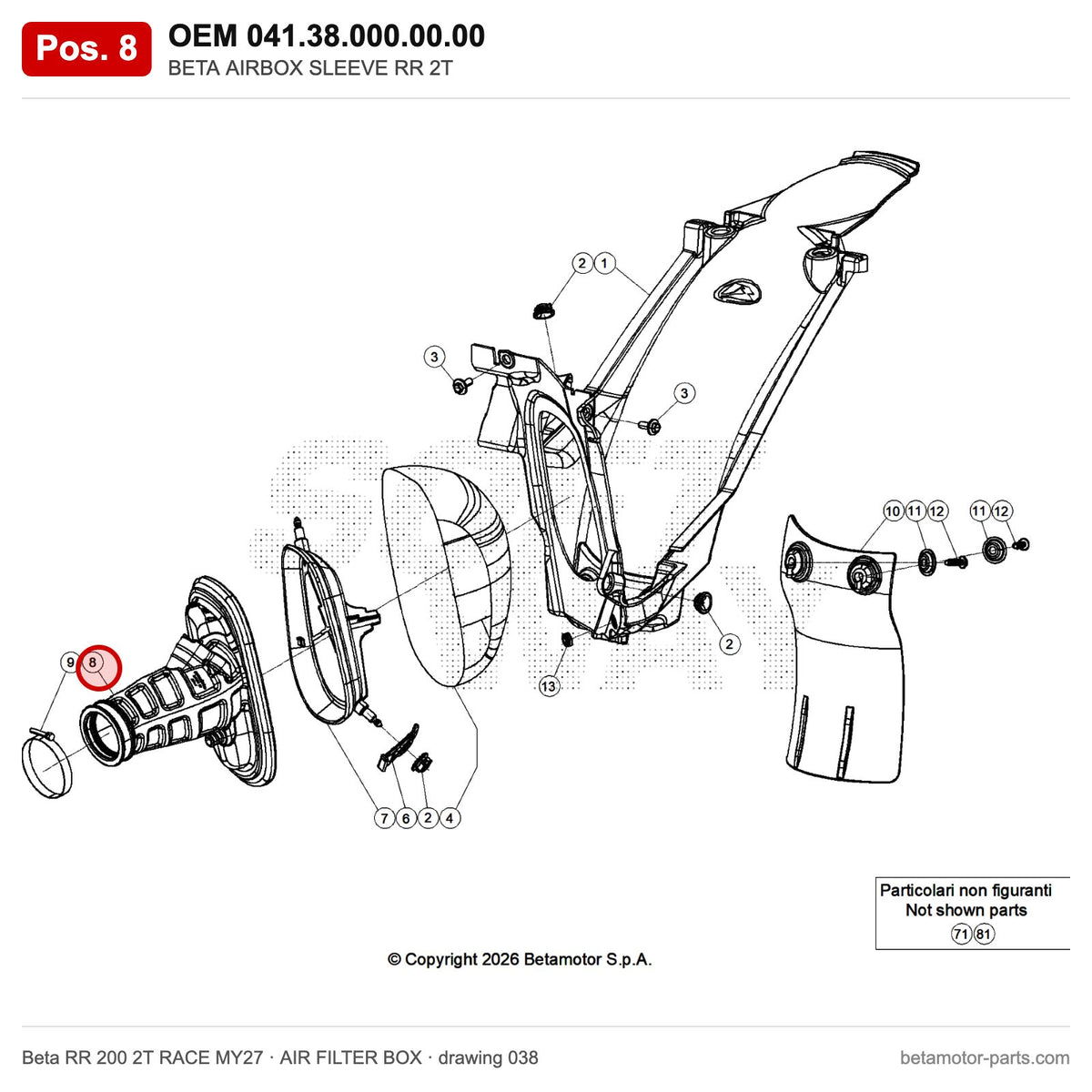 BETA AIRBOX SLEEVE RR 2T – OEM 041.38.000.00.00, position 8 on the Beta RR 200 2T RACE MY27 air filter box drawing