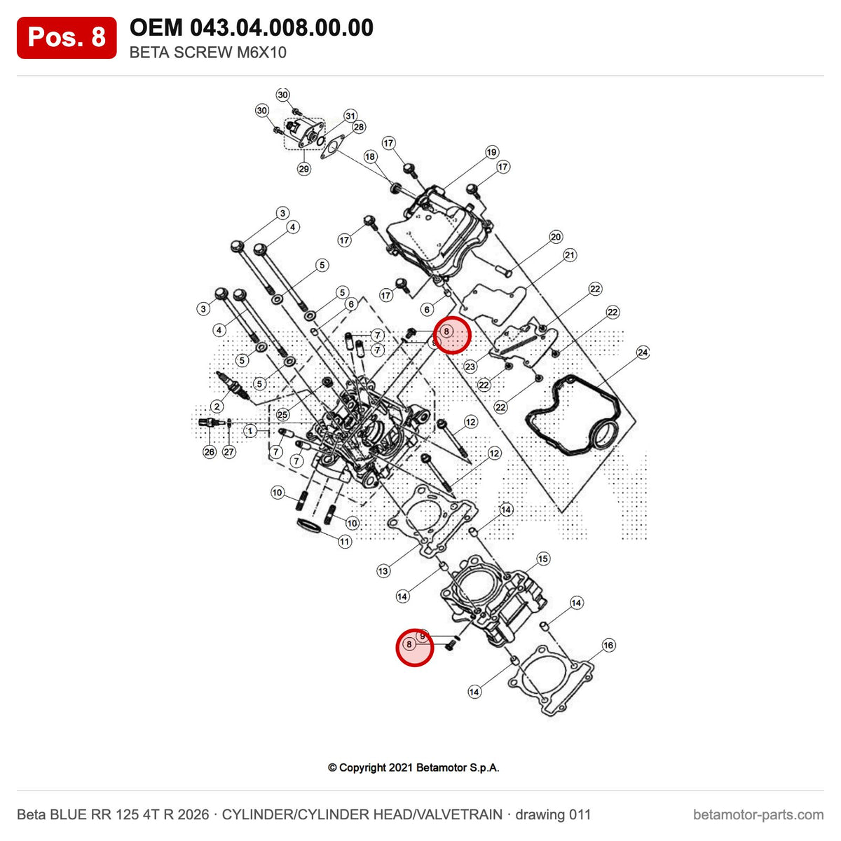 BETA SCREW M6X10 – OEM 043.04.008.00.00, position 8 on the Beta BLUE RR 125 4T R 2026 cylinder/cylinder head/valvetrain drawing